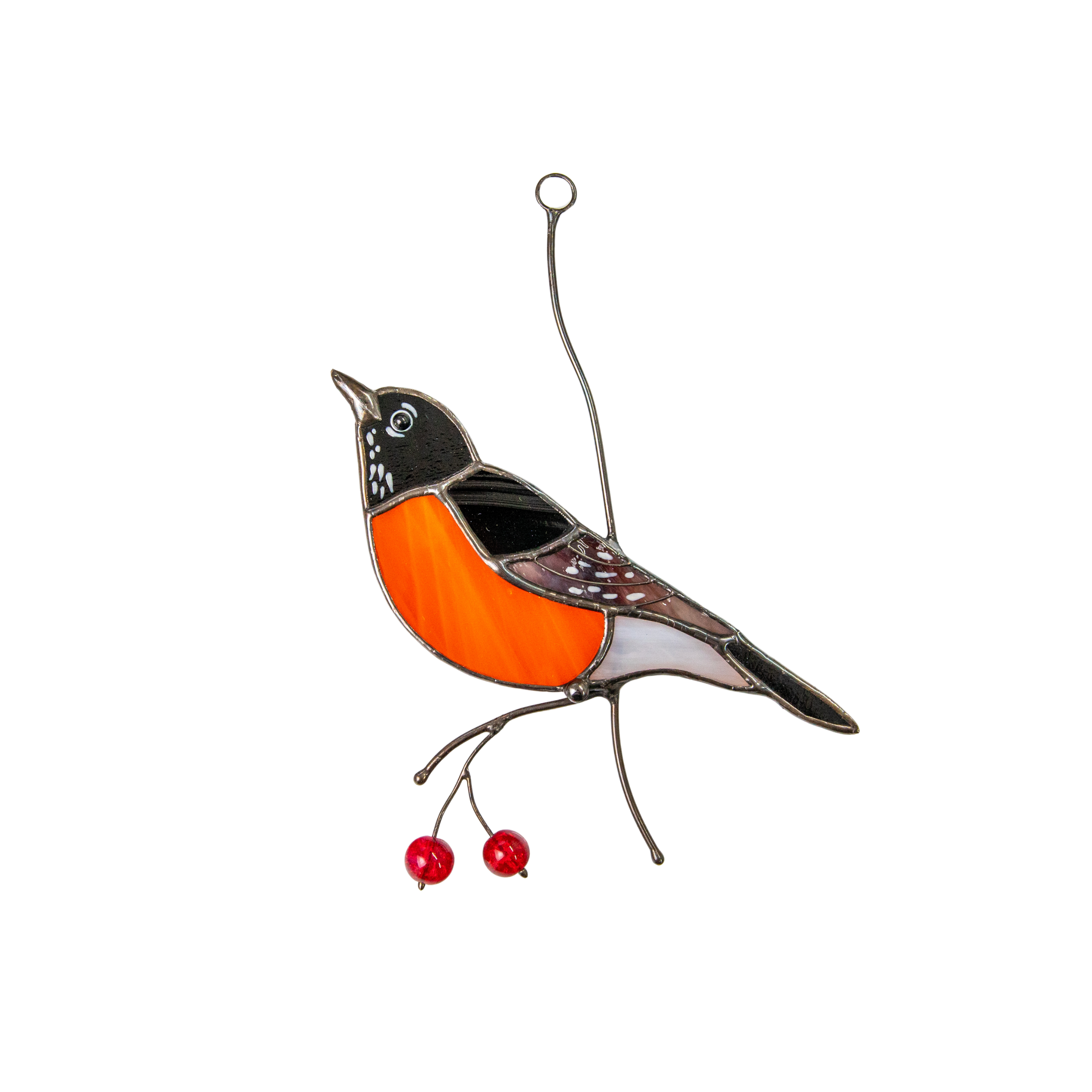 Stained glass american robin with it's bright orange tummy