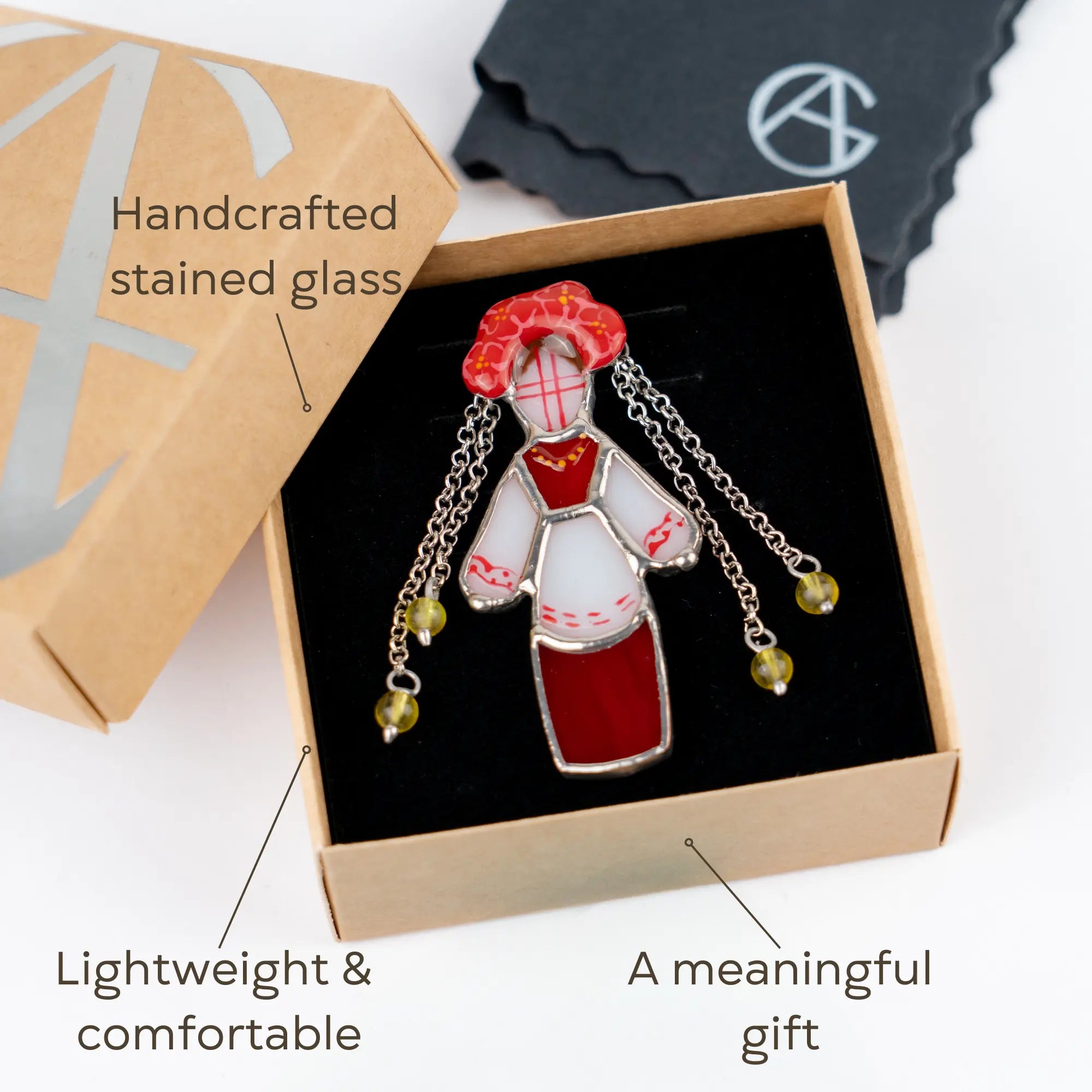 Handcrafted stained glass ukrainian traditional guardian doll brooch in a box as a meaningful gift idea