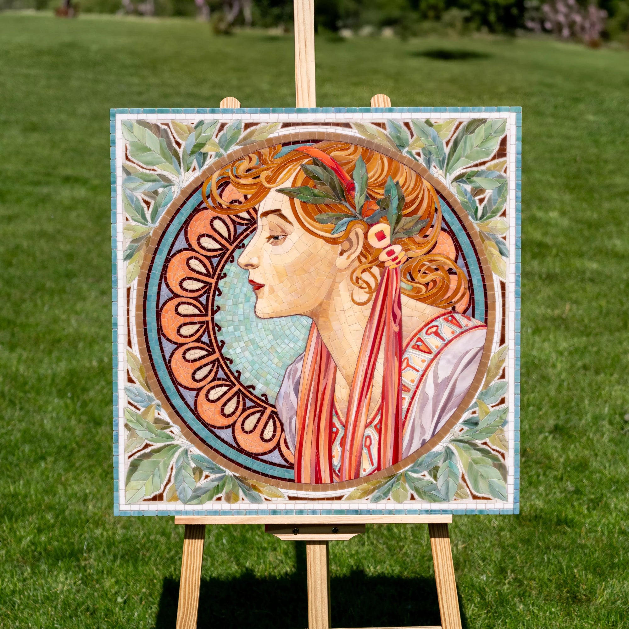 Decorative tile with a stylized portrait of a woman on an easel against a grassy background