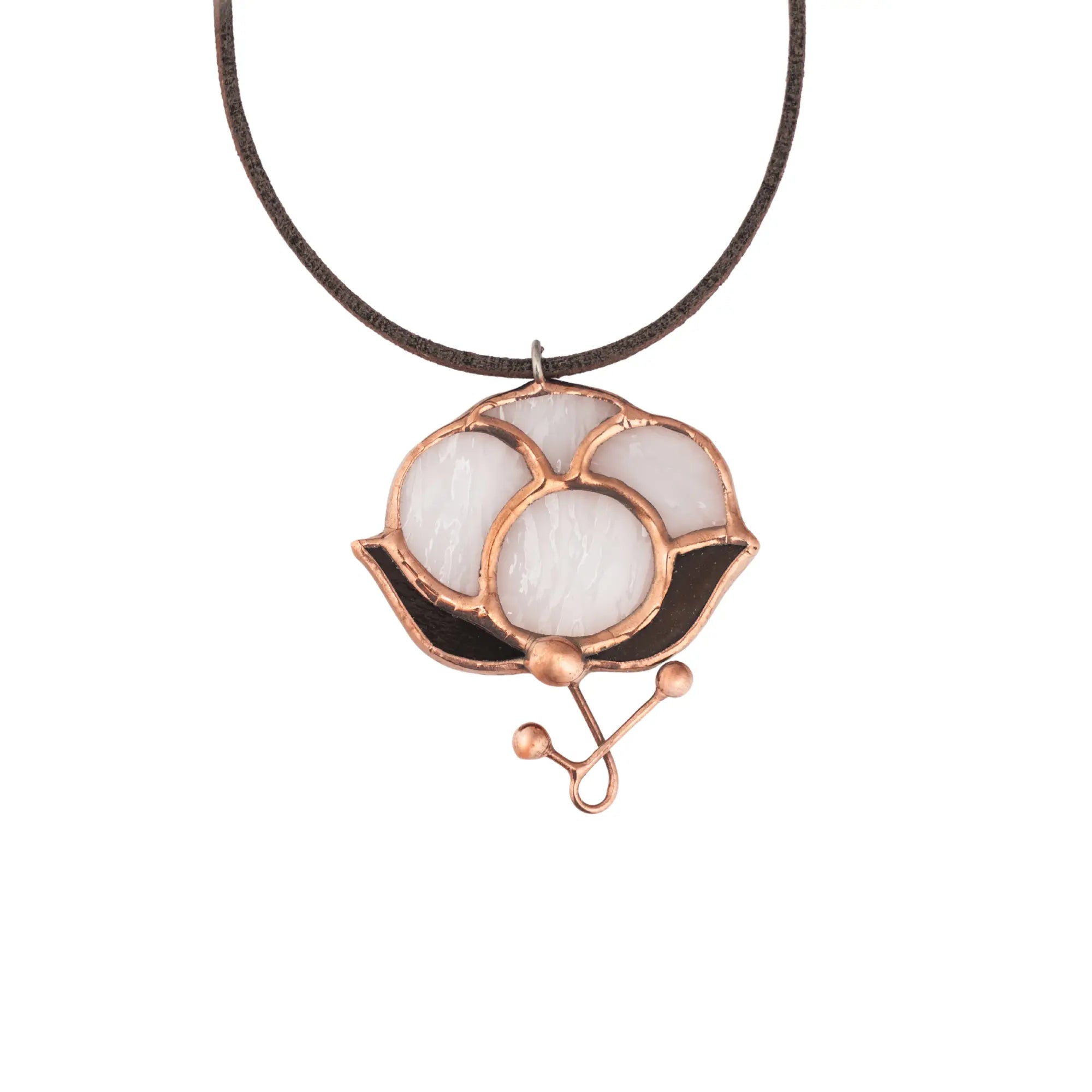 Cotton-shaped stained glass pendant in white and brown on suede cord