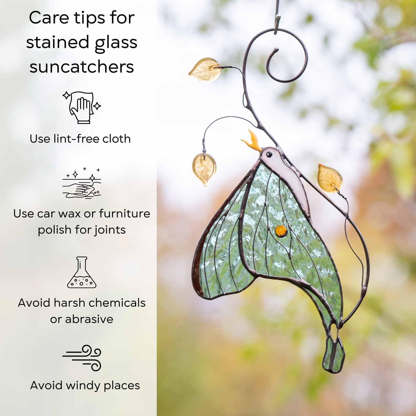 Luna moth stained glass decor with care tips: use lint-free cloth, polish joints with car wax or furniture polish, avoid harsh chemicals, and windy places.
