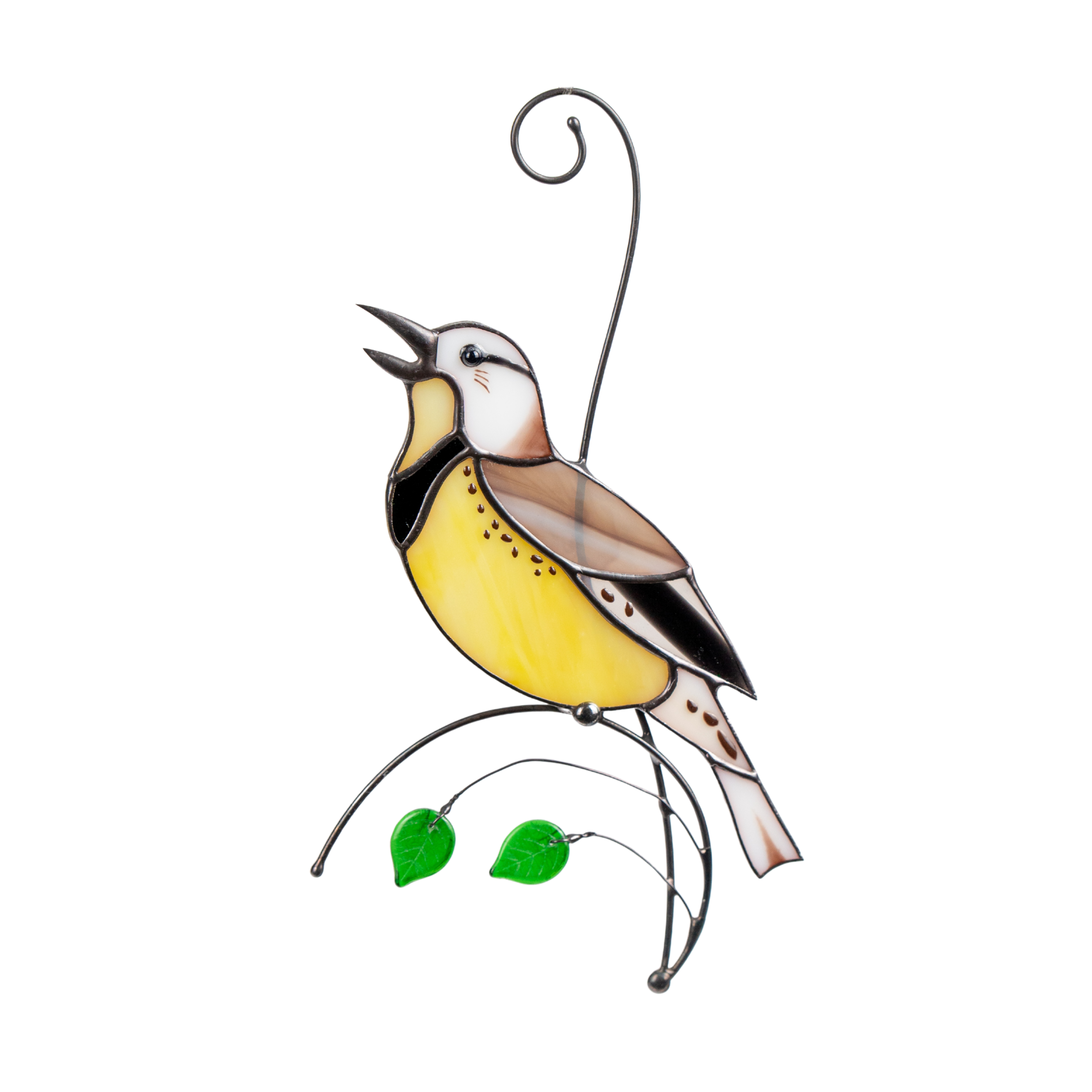 Yellow meadowlark suncatcher with detailed glass wings and bright green glass leaves, perfect for home decor