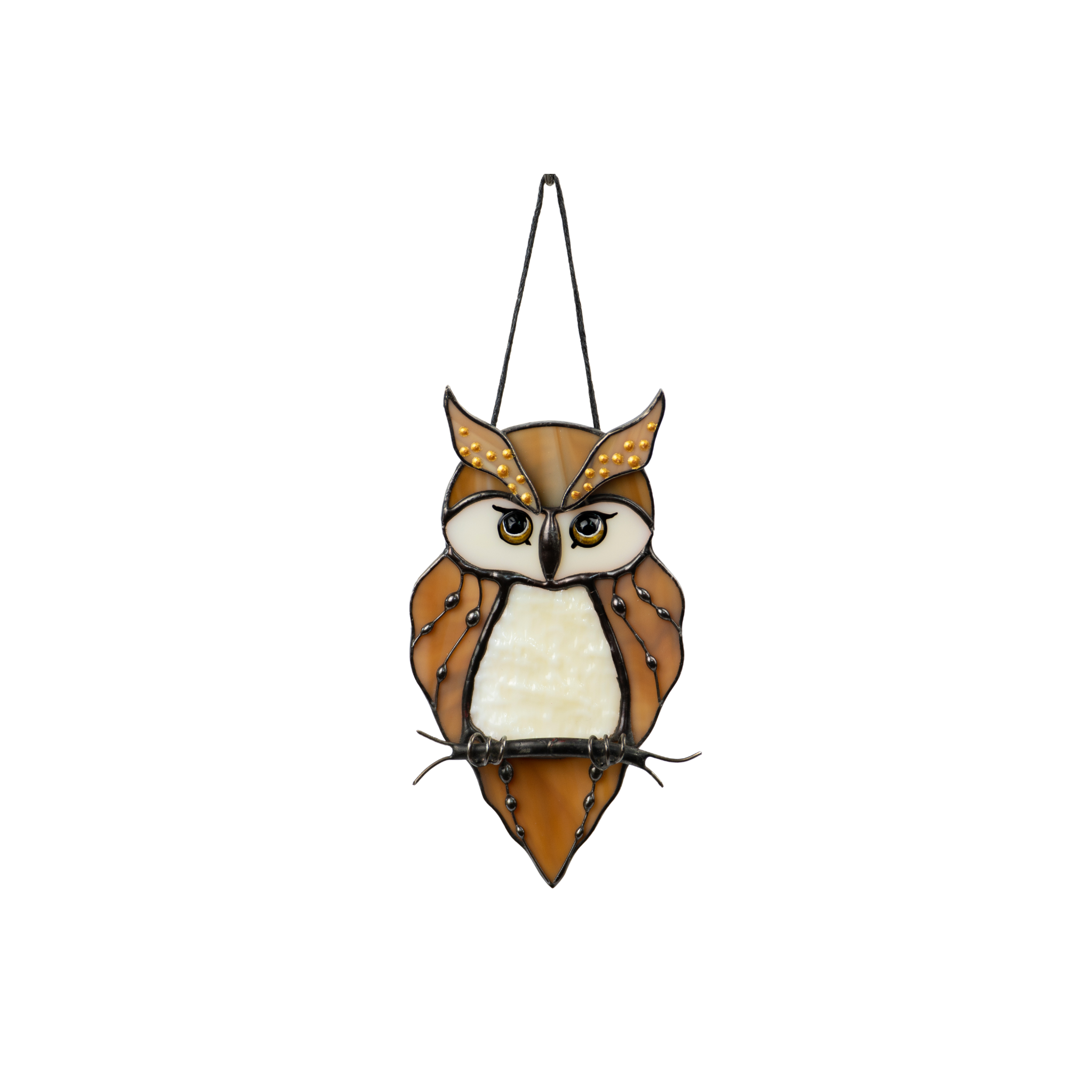 beige and brown stained glass owl hanging decor with bright eyes 