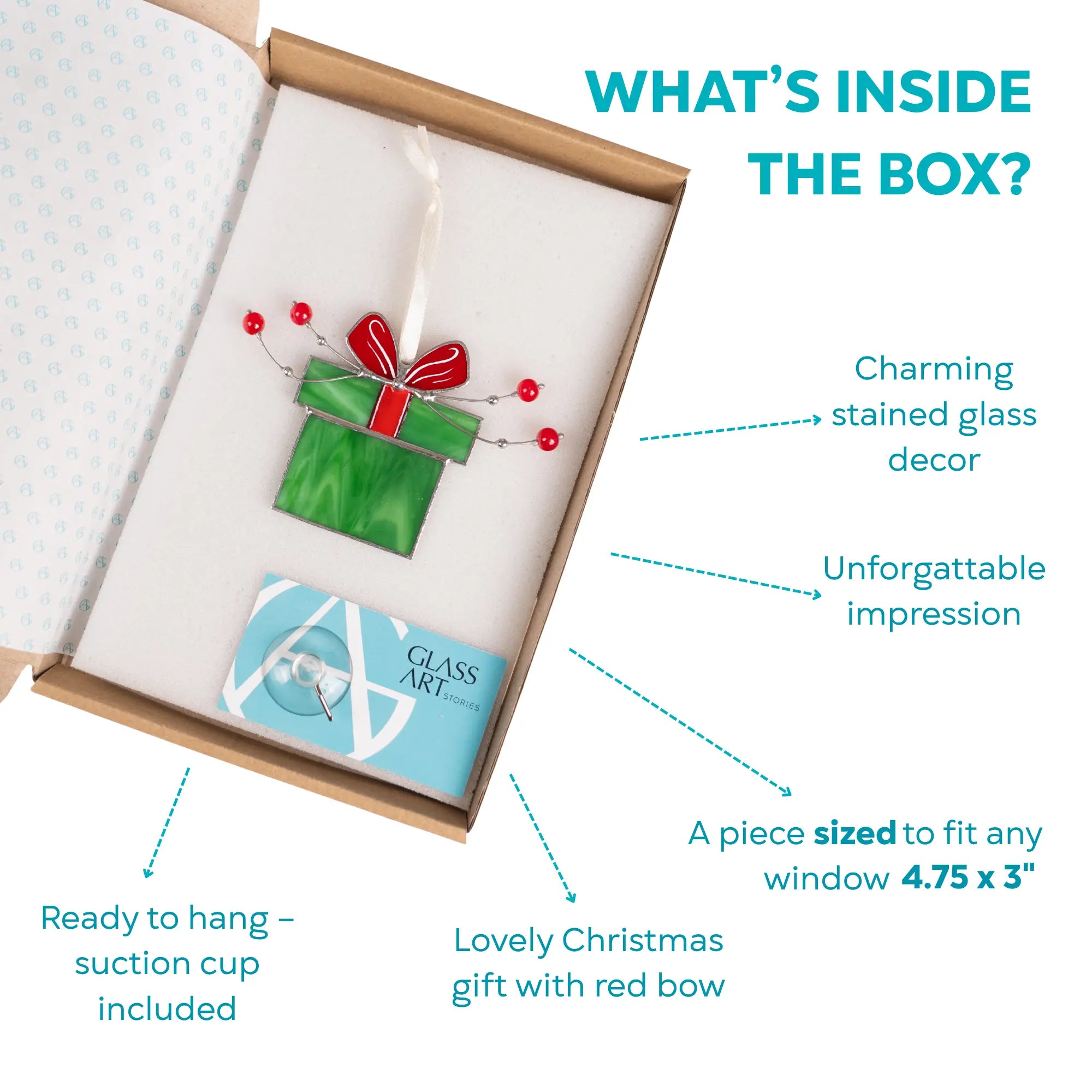 Stained glass gift box with a red ribbon and silver wire, embellished with small red beads in a box with branded card and suction cup included