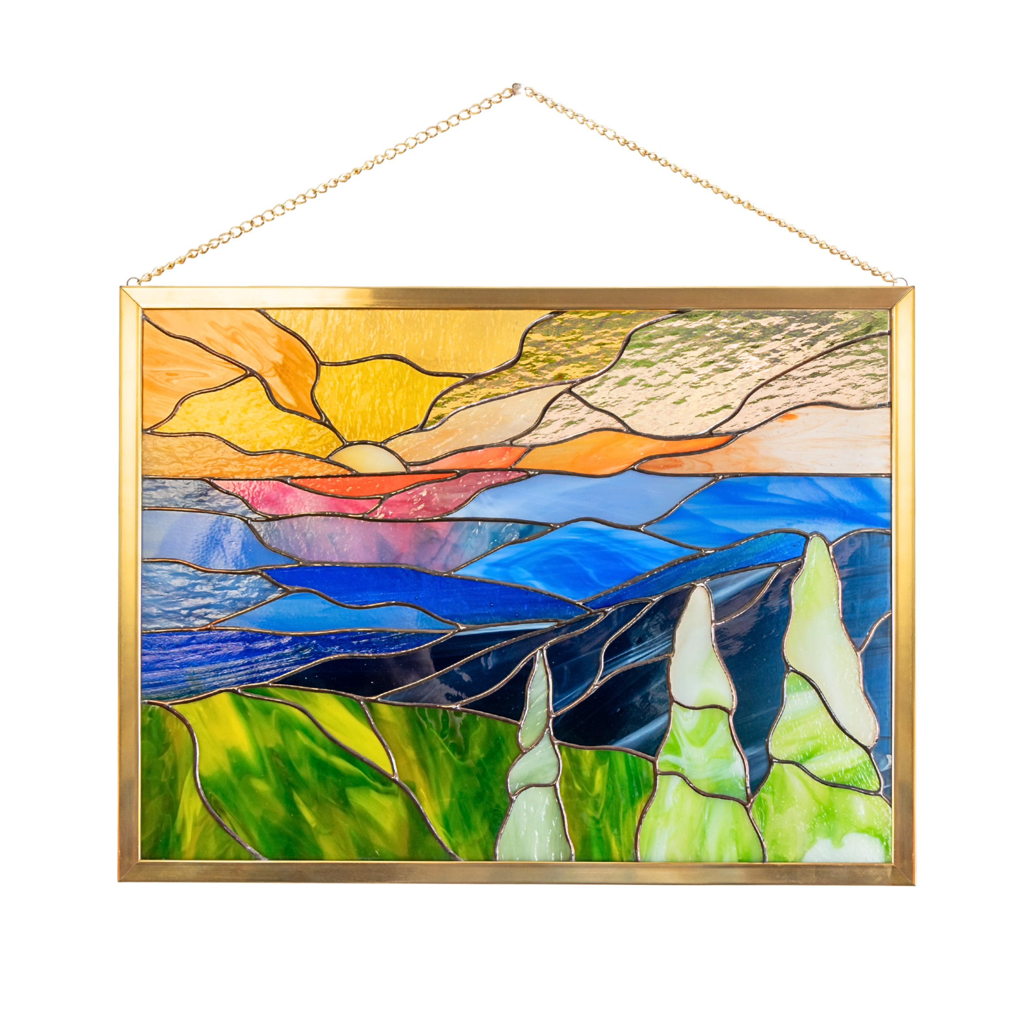 Blue Ridge stained glass panel in gold frame featuring colorful mountain layers under sunrise sky