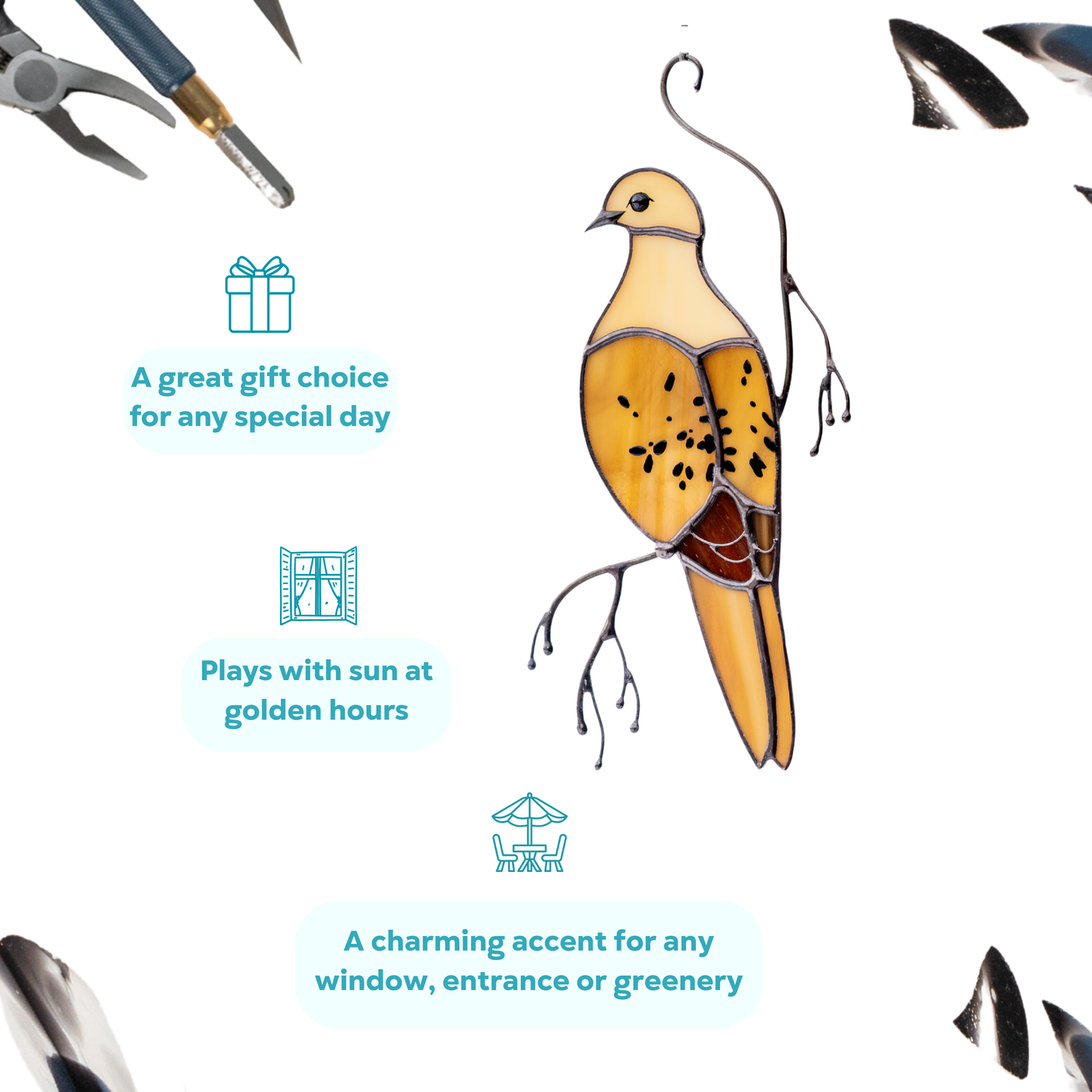 Mourning dove suncatcher with decorative branch and warm stained glass, surrounded by tool elements, being perfect gift idea.