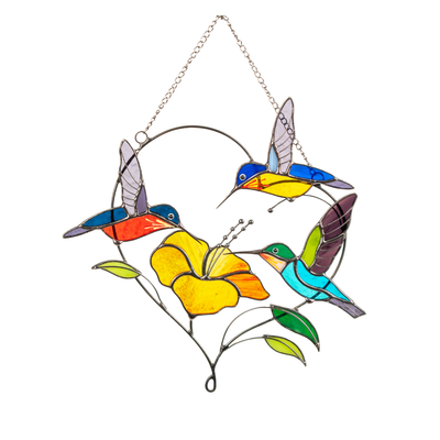 Product photo of heart design stained glass piece with birds and flower on white background.