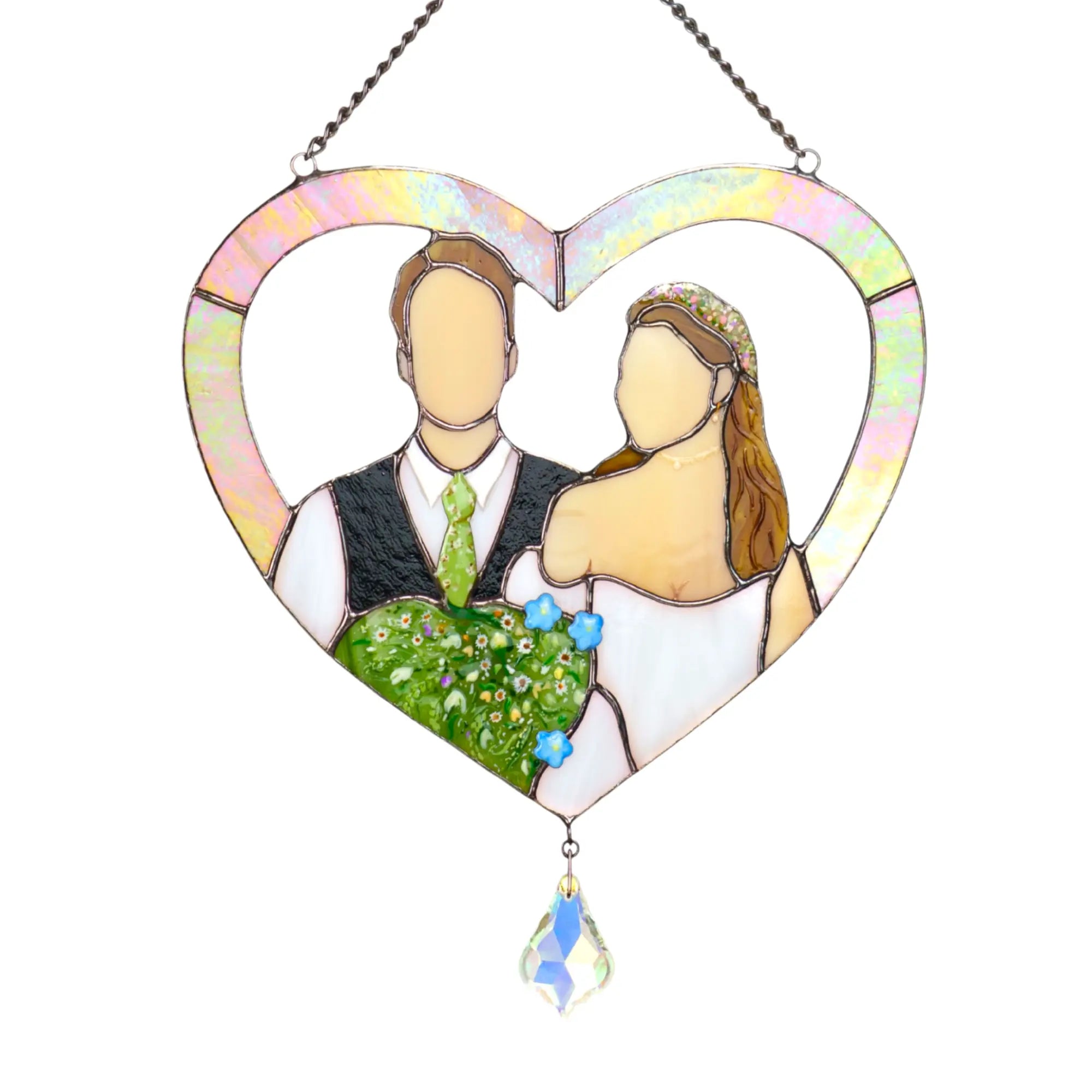Heart-shaped stained glass panel with a couple, bride holding a bouquet, on a white background