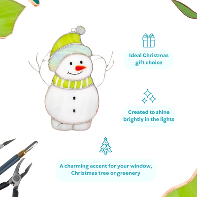Smiling snowman suncatcher with holiday-themed infographic highlighting gift and decor features.