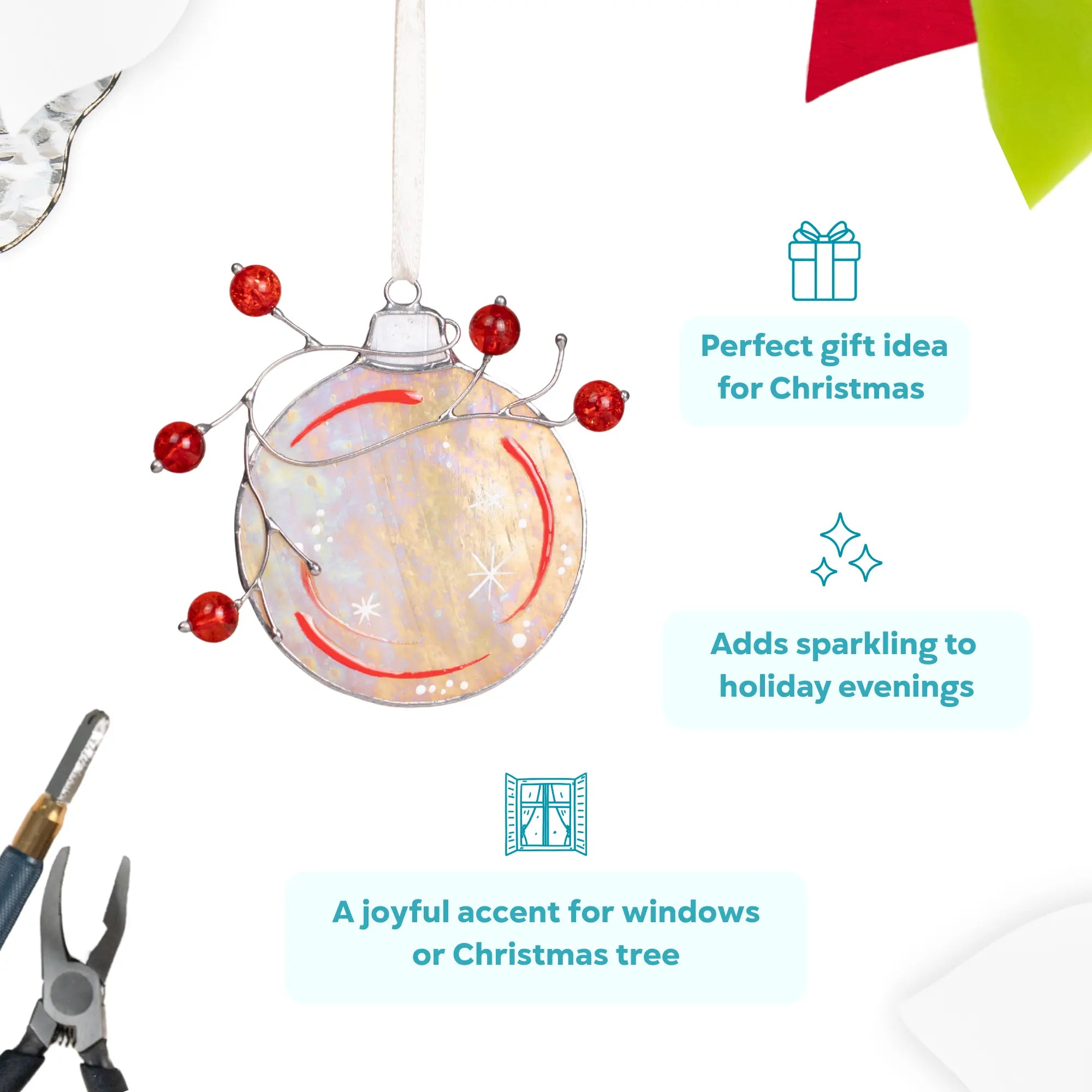 Infographic showing a stained glass Christmas ornament with red beads and snowy patterns, ideal as a Christmas gift