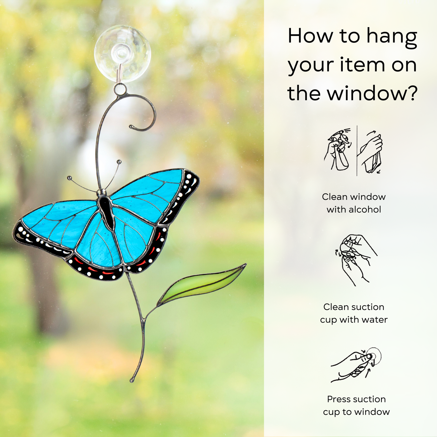 Hanging instructions for morpho butterfly suncatcher: clean window and suction cup, press a cup to the surface.