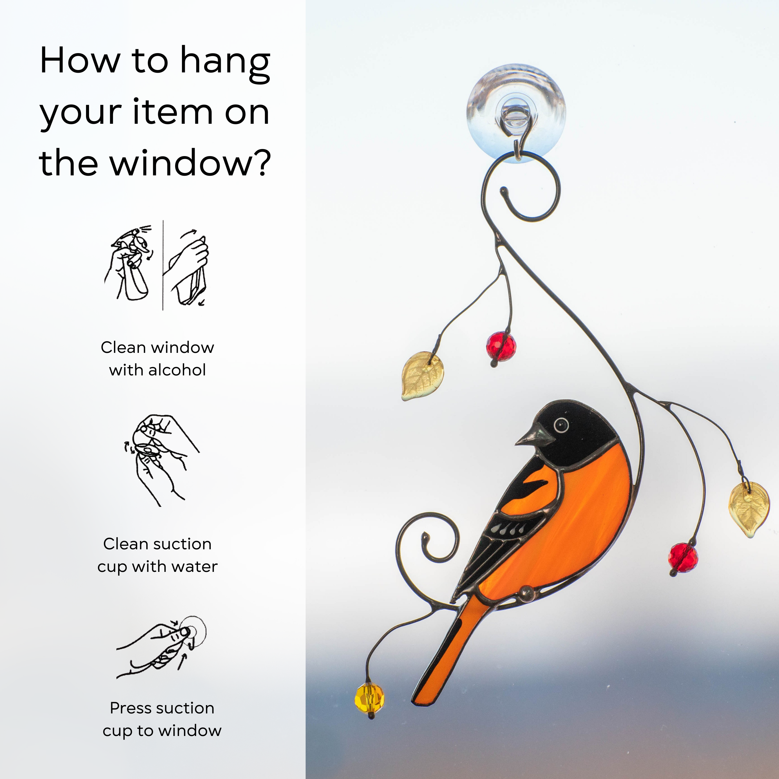 Instructional graphic showing how to hang stained glass oriole on a window with a suction cup: clean window and suction cup, press a cup to the surface