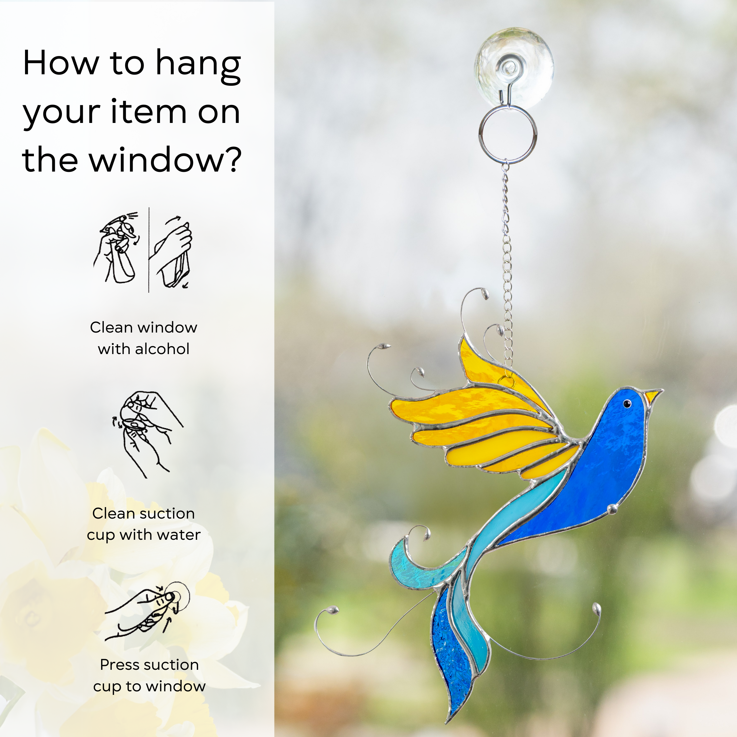 Instruction graphic showing hanging process: clean window and suction cup, press a cup to the surface.