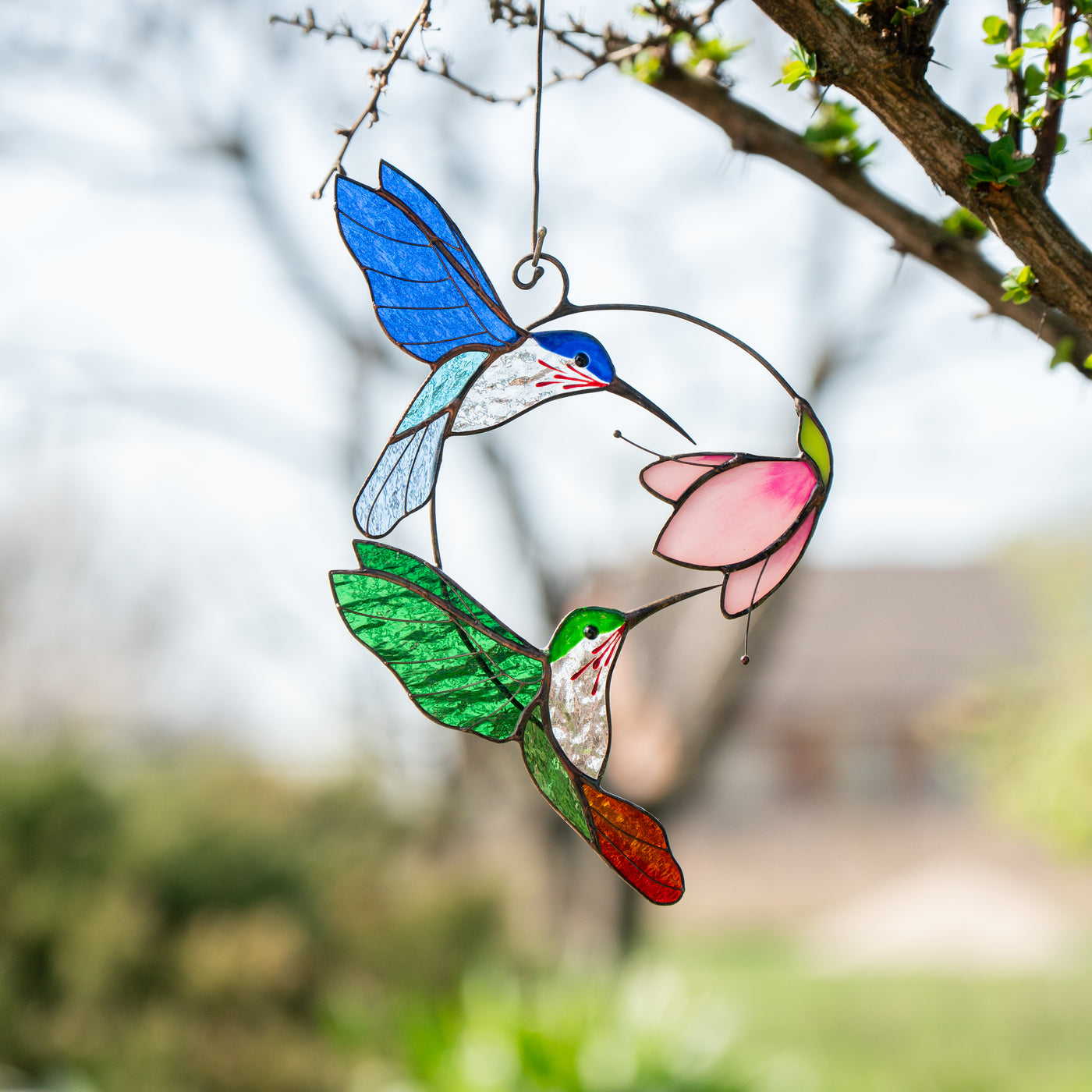 Vibrant hummingbirds in stained glass hanging outdoors near blooming spring branches