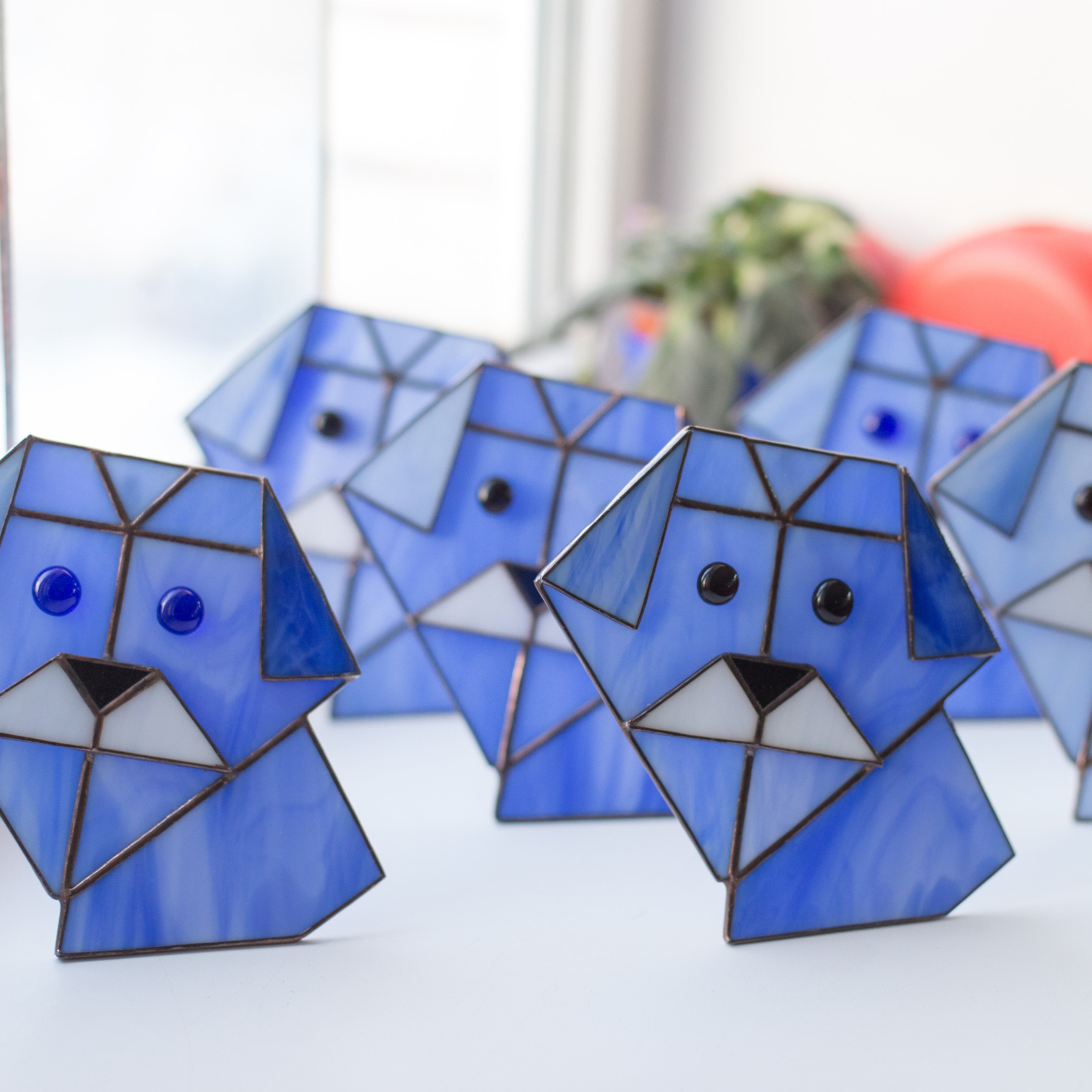Blue Origami Dog - Stained Glass Panel