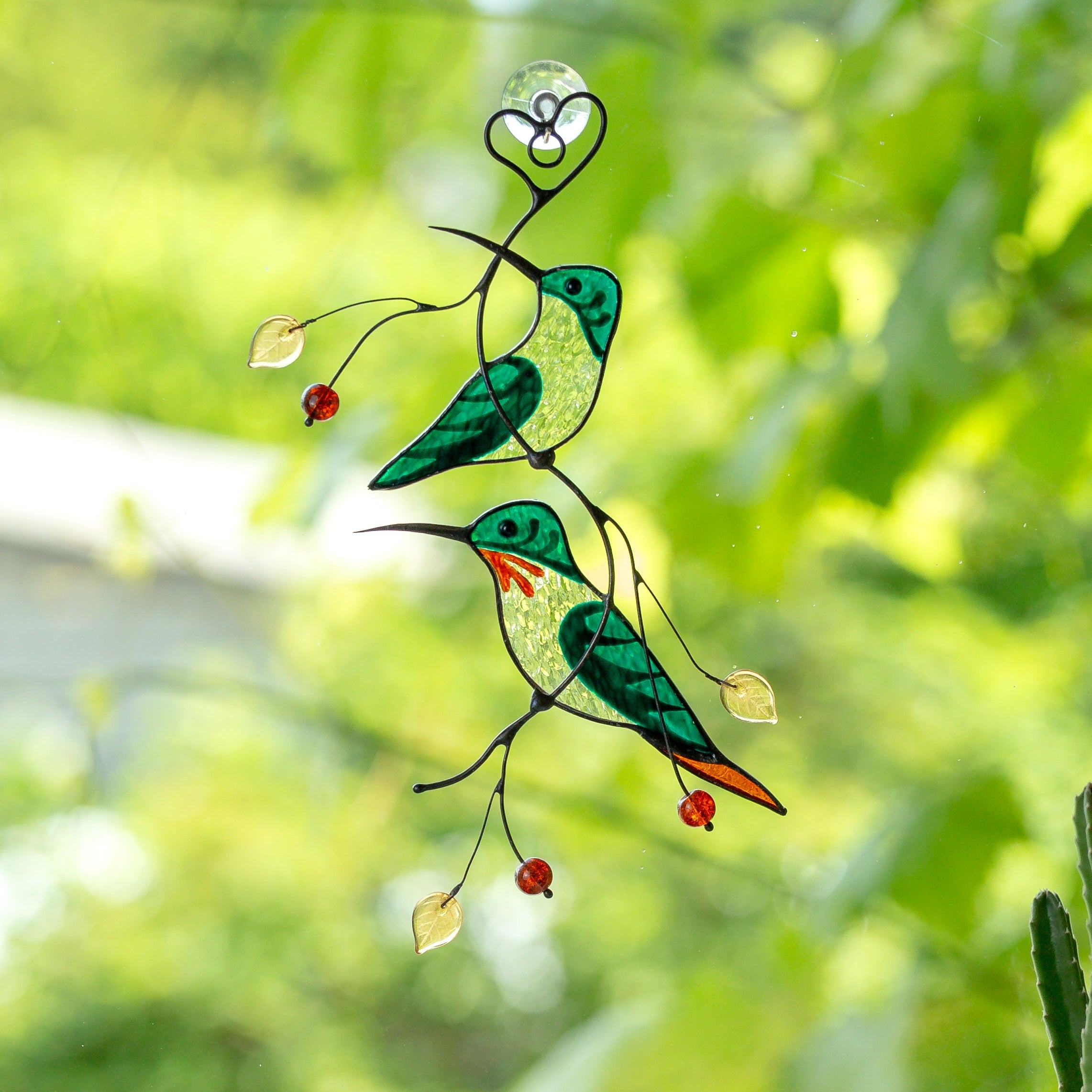 Pair of Green Hummingbirds - Stained Glass Suncatcher