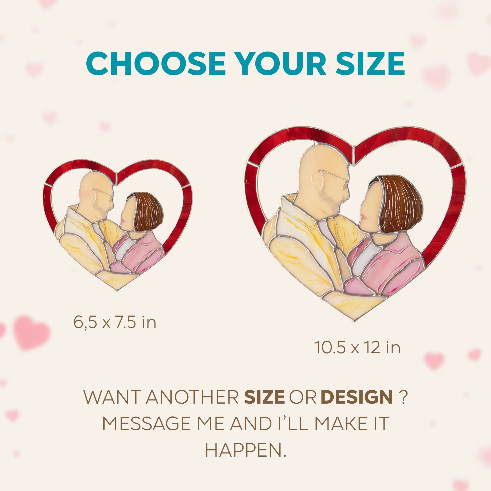 Stained glass panel with a couple in a heart shape with text about customizable size options.