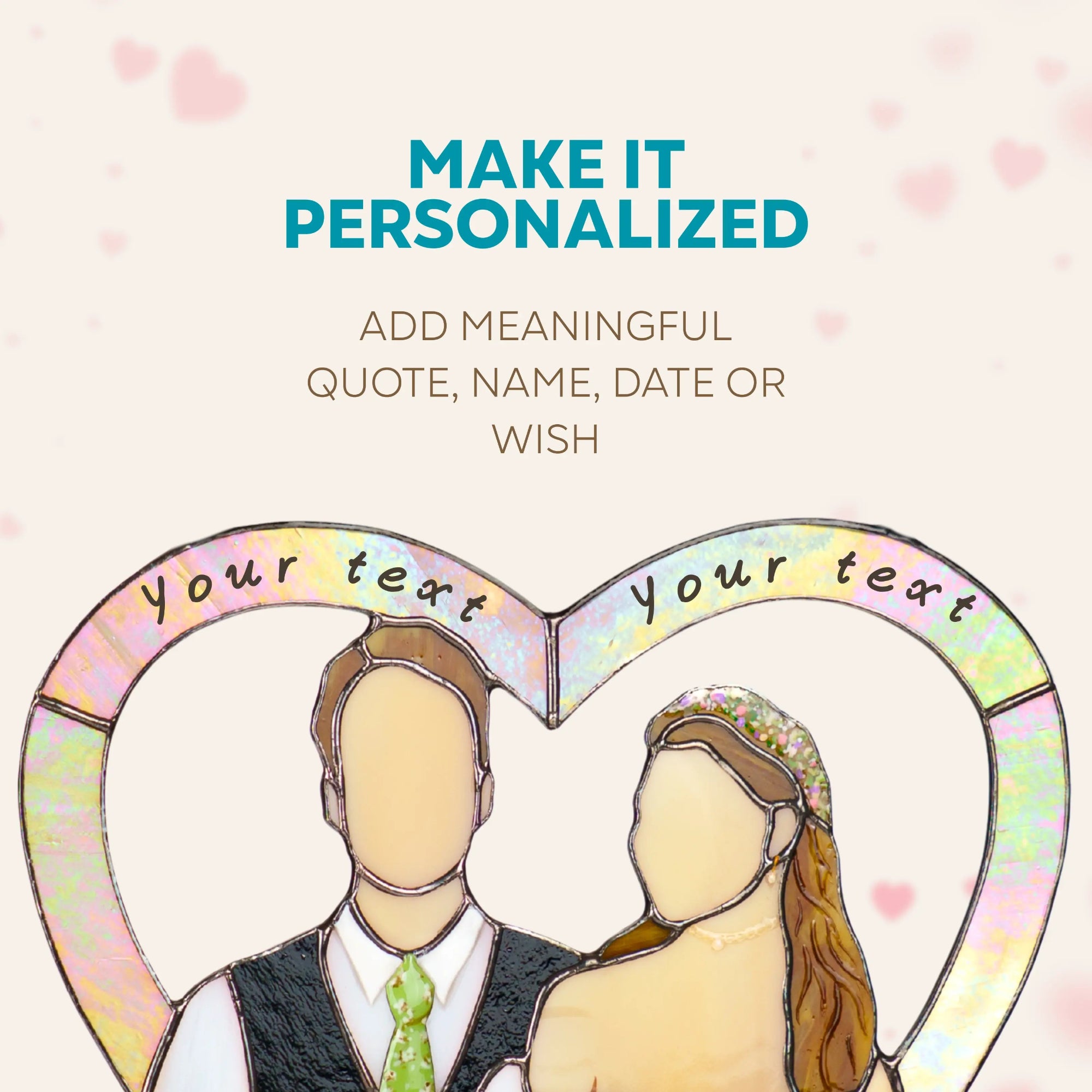 Illustration of a couple with a heart-shaped stained glass frame for personalization on a light pink background.