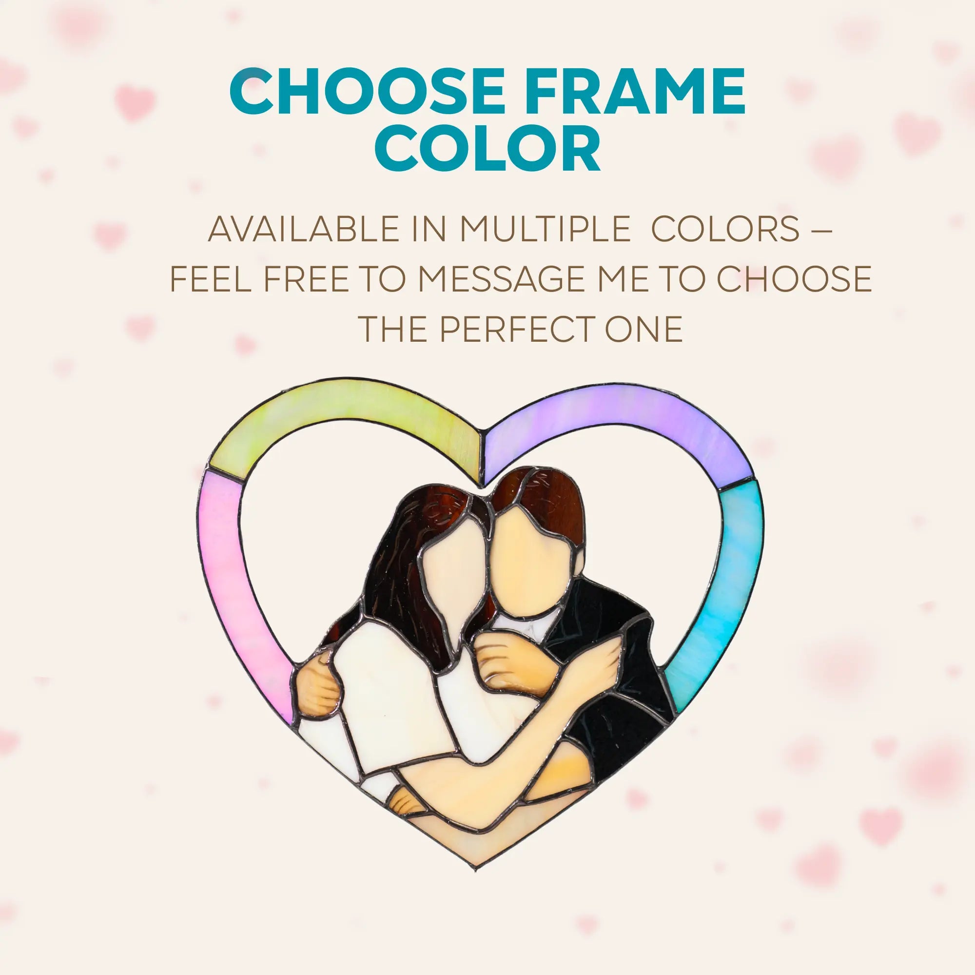 Two people hugging inside a heart with text about frame color options on a light pink background.
