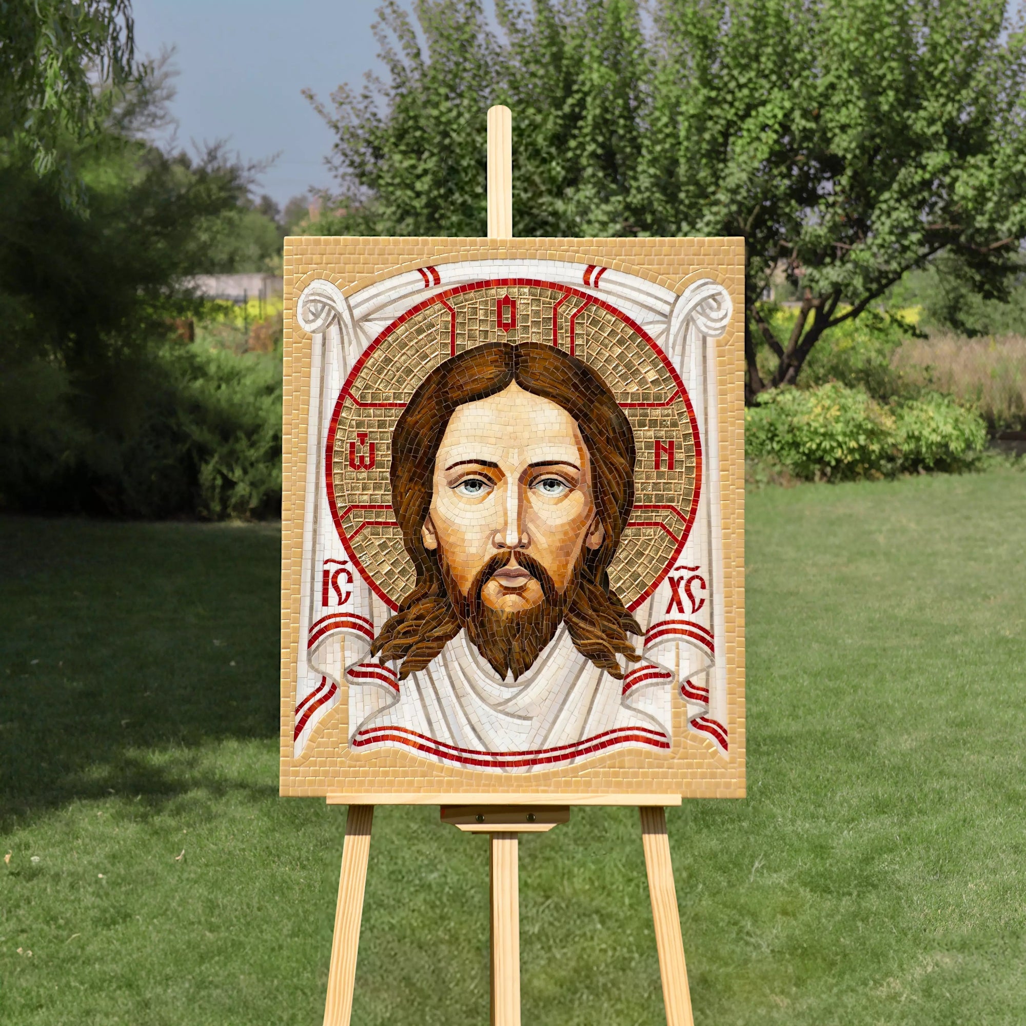 Stained glass mosaic Image of Edessa on an easel outdoors with greenery in the background