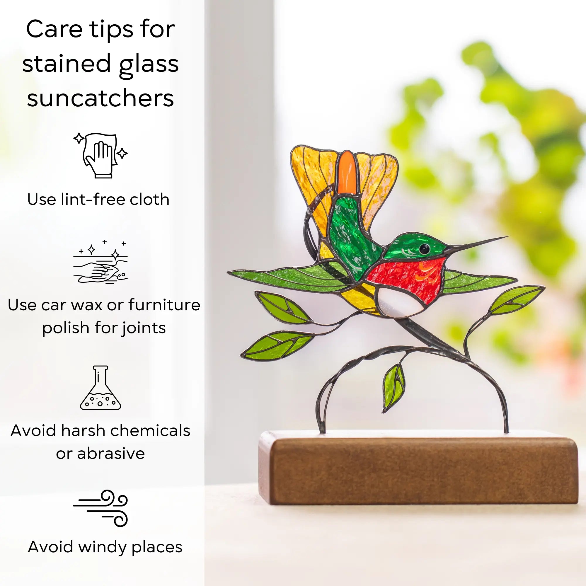 Vertical panel with hummingbird decor and illustrated tips for care—cloth use, wax, and avoiding wind or harsh chemicals.
