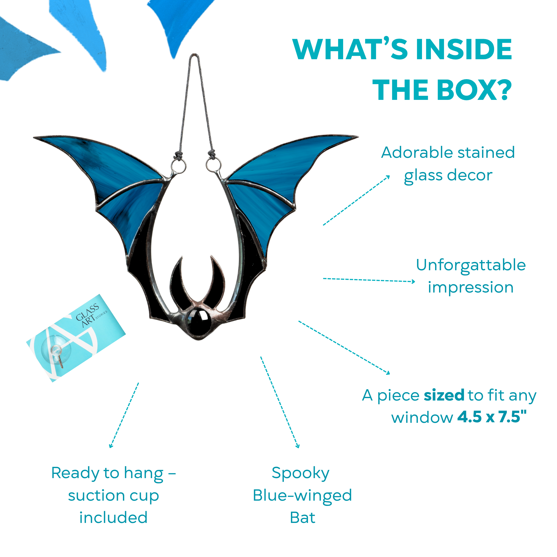 Gift box showing what`s included: stained glass bat with blue wings, suction cup, and Glass Art Stories card.