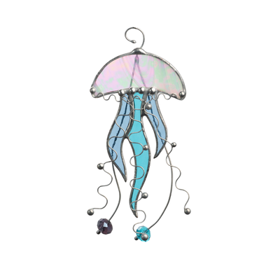 Jellyfish-shaped stained glass suncatcher with iridescent cap, blue tentacles, and metal curls.