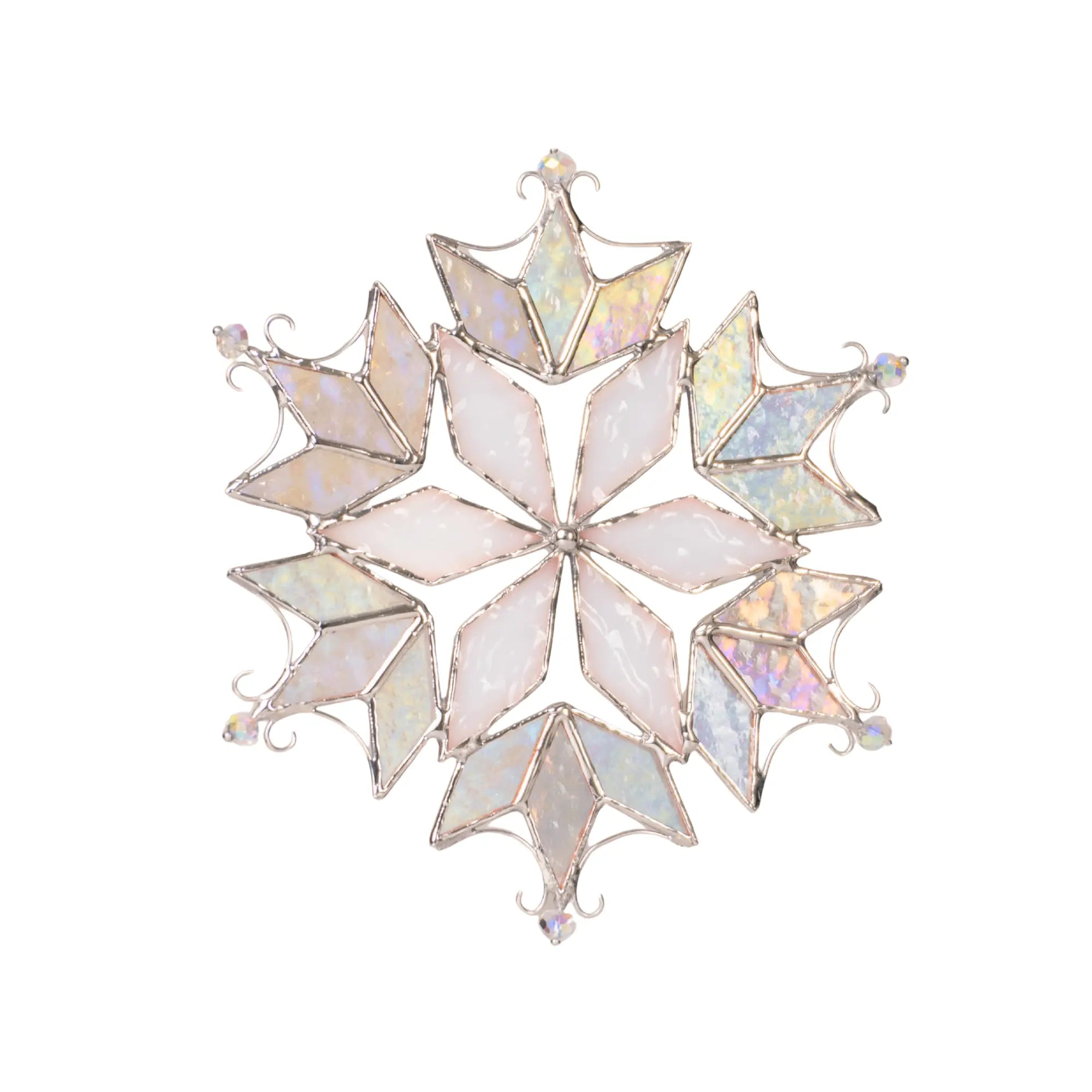 Stained glass snowflake ornament with white and iridescent glass petals arranged in a six-pointed star pattern.
