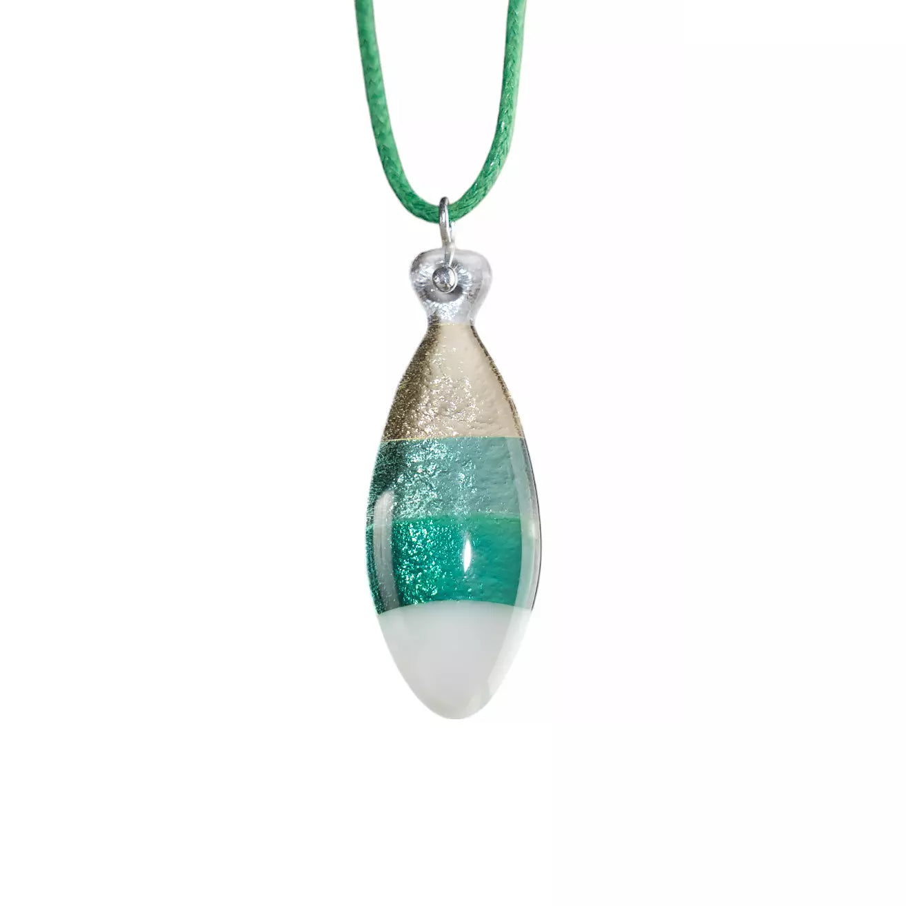 Transparent green and beige stained glass fish pendant suspended on a green cord