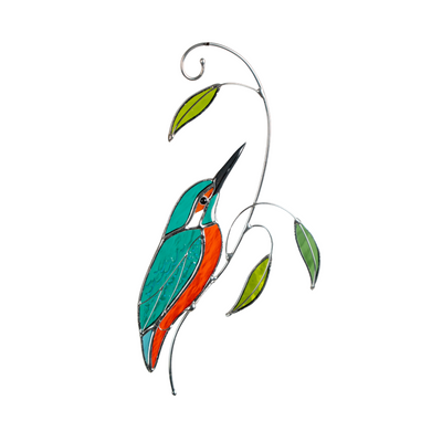Stained glass kingfisher bird with graceful curves and bright green glass leaves.