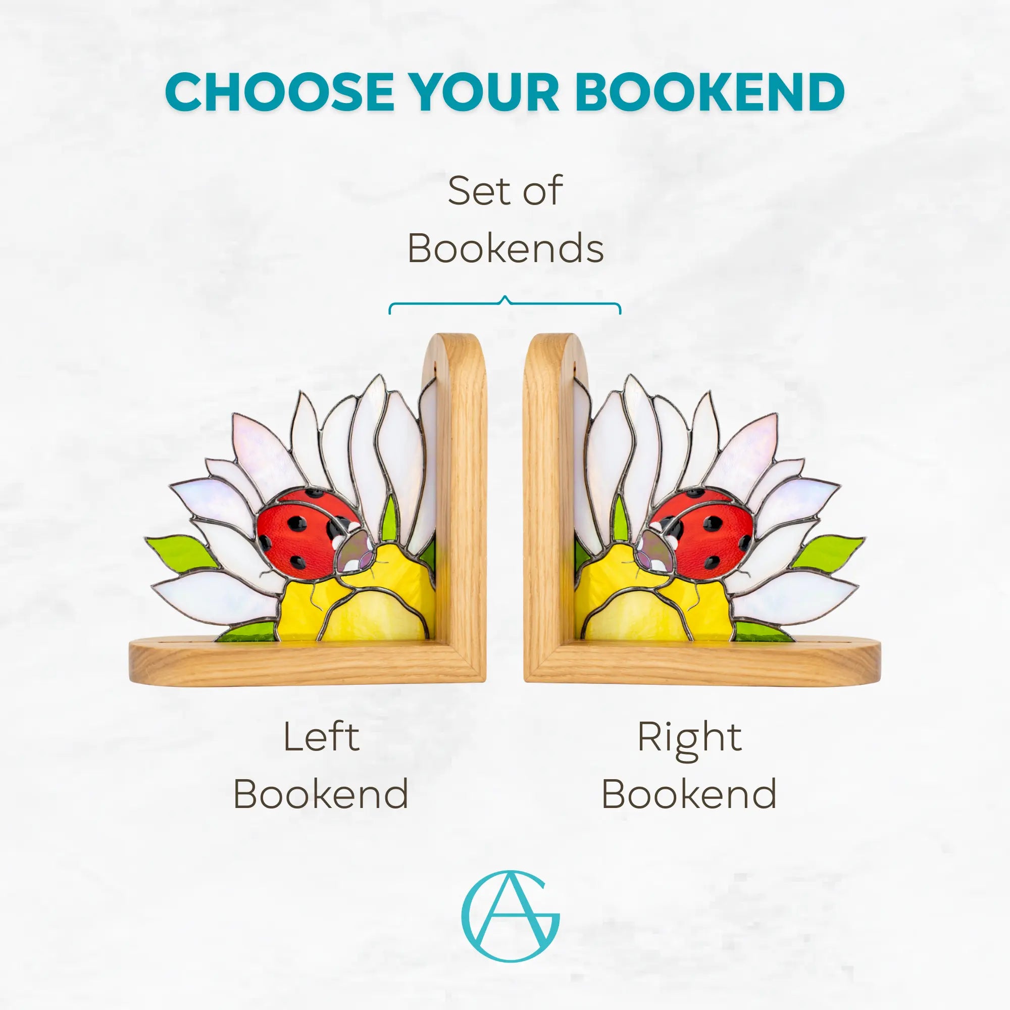 Wooden bookend featuring a stained glass ladybug and daisy design. Iridescent white petals and a red beetle offer a colorful, functional way to organize books in any home library.