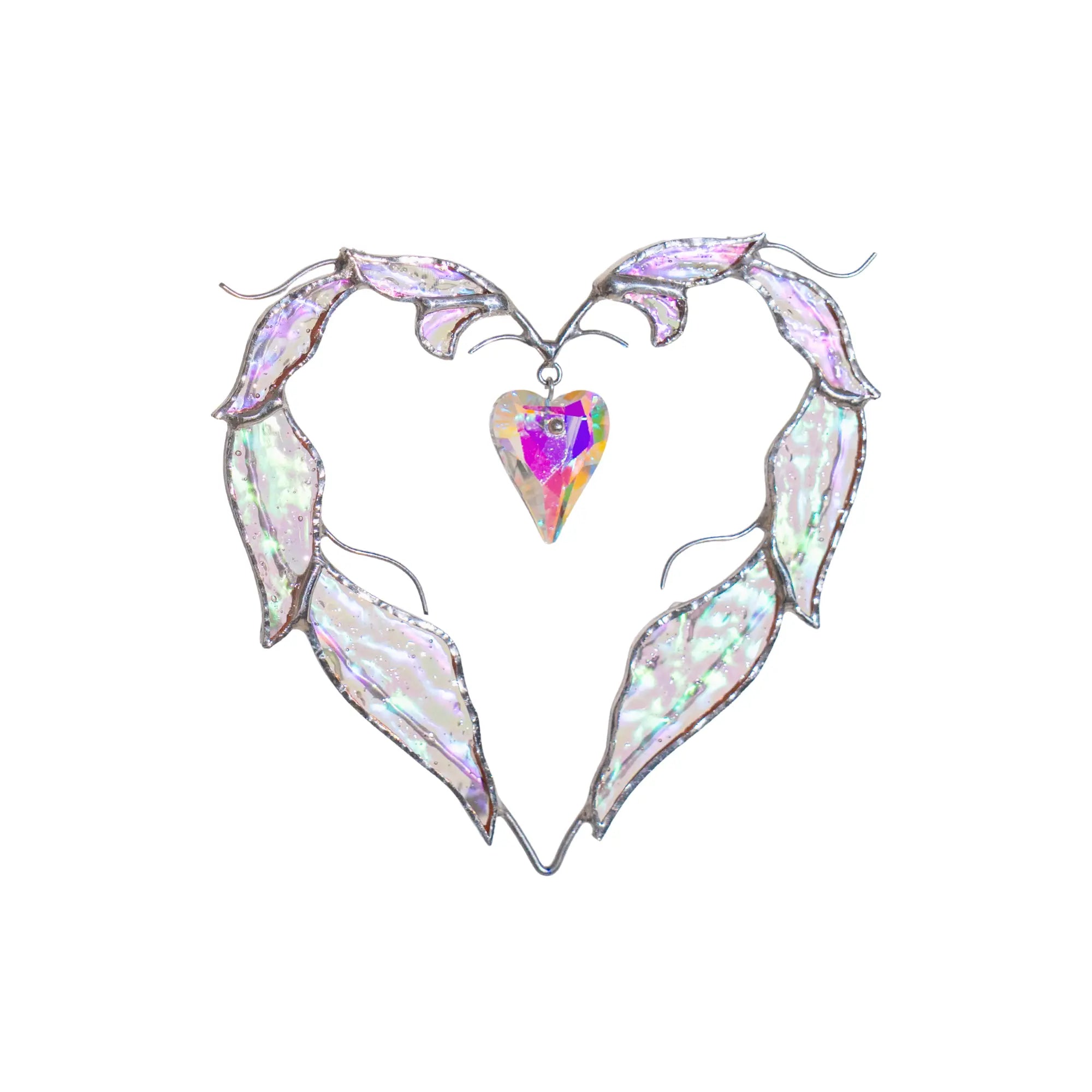 Handmade love stained glass heart suncatcher featuring iridescent glass feathers and a faceted crystal heart in the center.