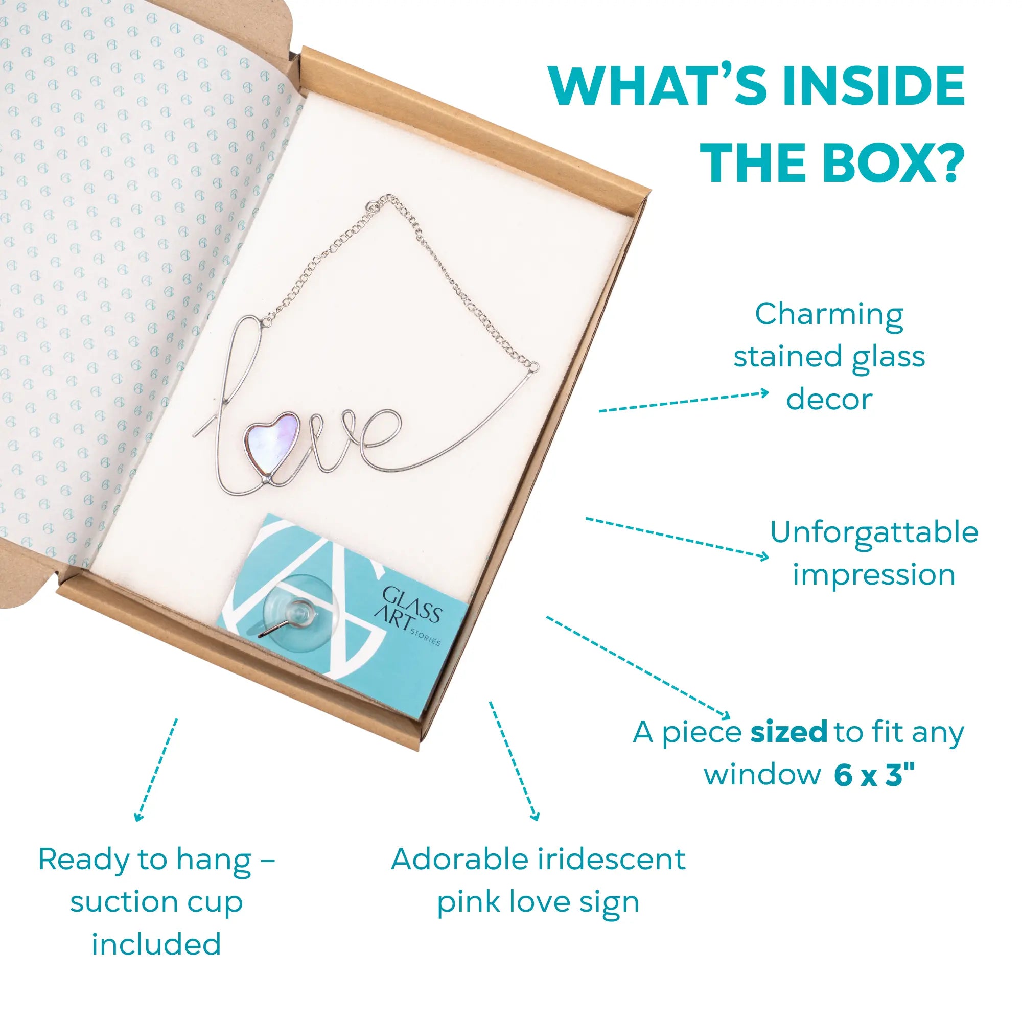 Infographic showing what’s inside the box: a handmade love stained glass wire sign with iridescent pink heart, suction cup included, ready to hang.