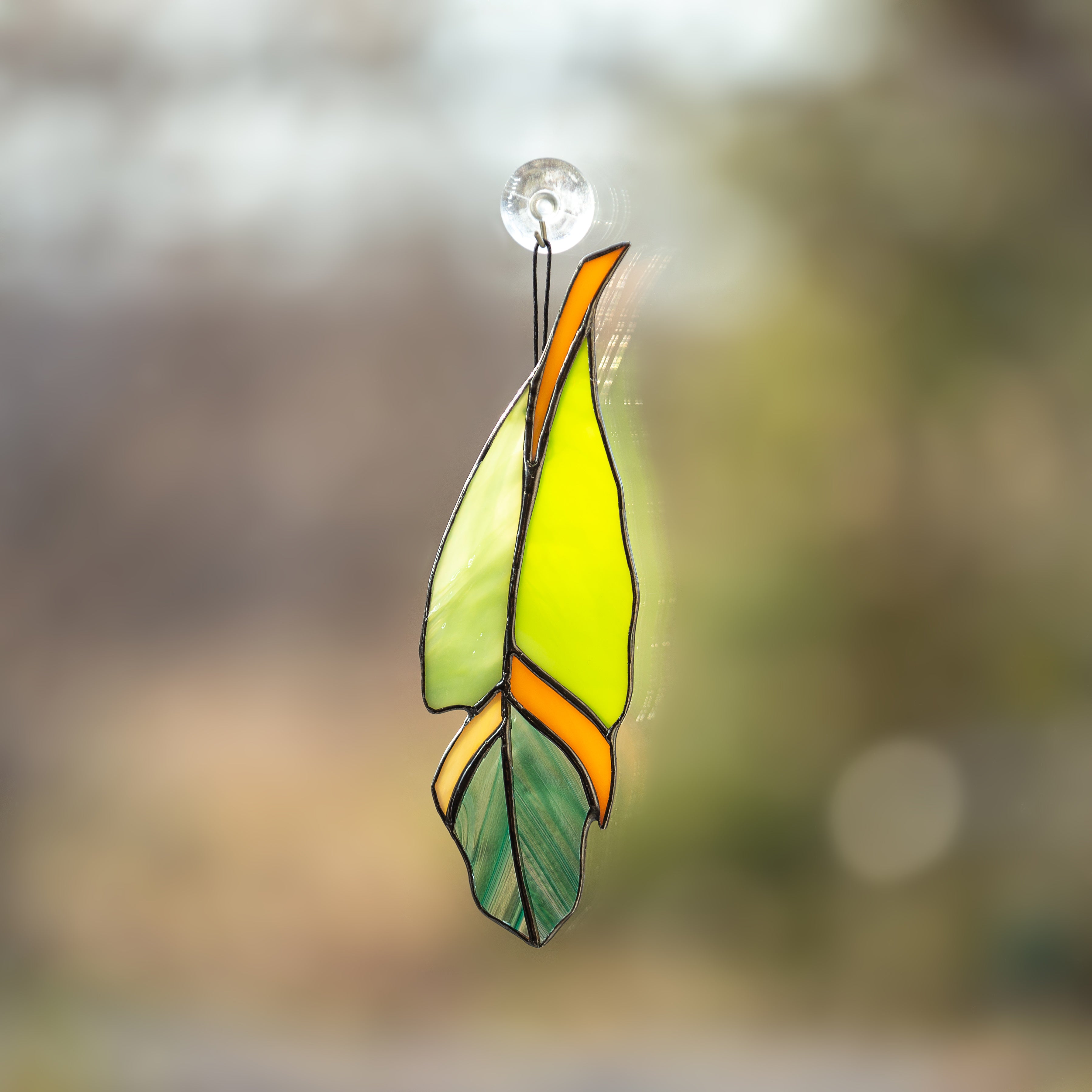 Green Feather with Orange Details - Stained Glass Suncatcher