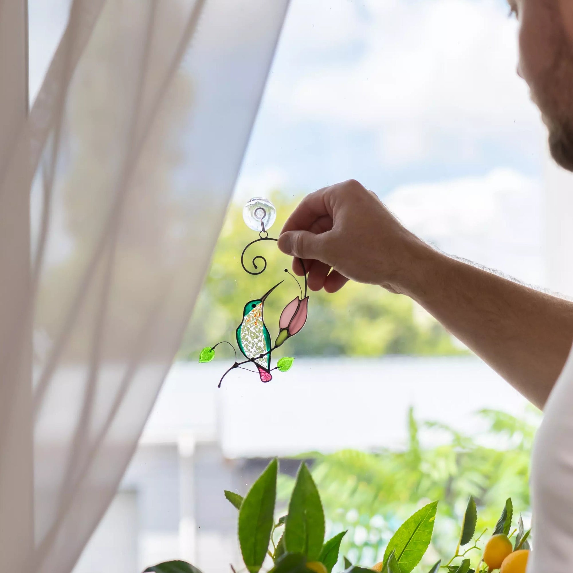 Man hanging a decorative stained glass hummingbird suncatcher  in elegant green tones on a window