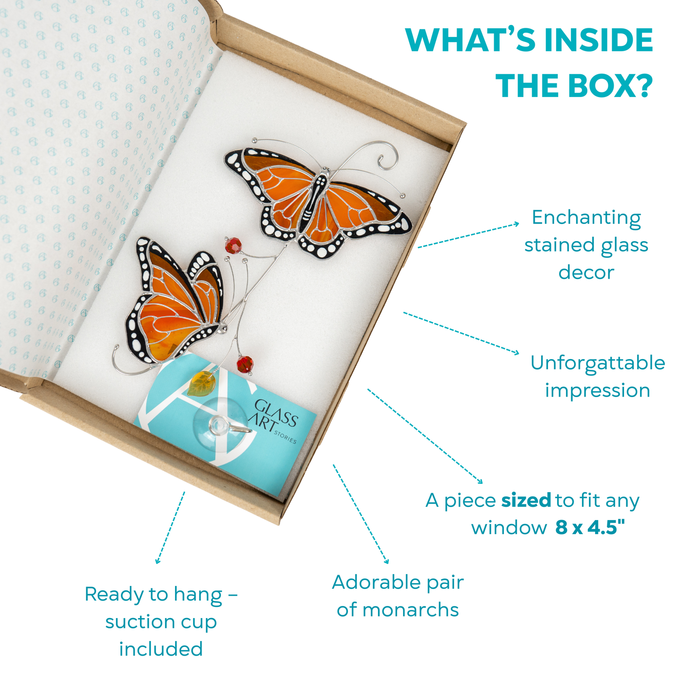 Box with stained glass pair of monarch suncatcher, suction cup, and branded card from Glass Art Stories.
