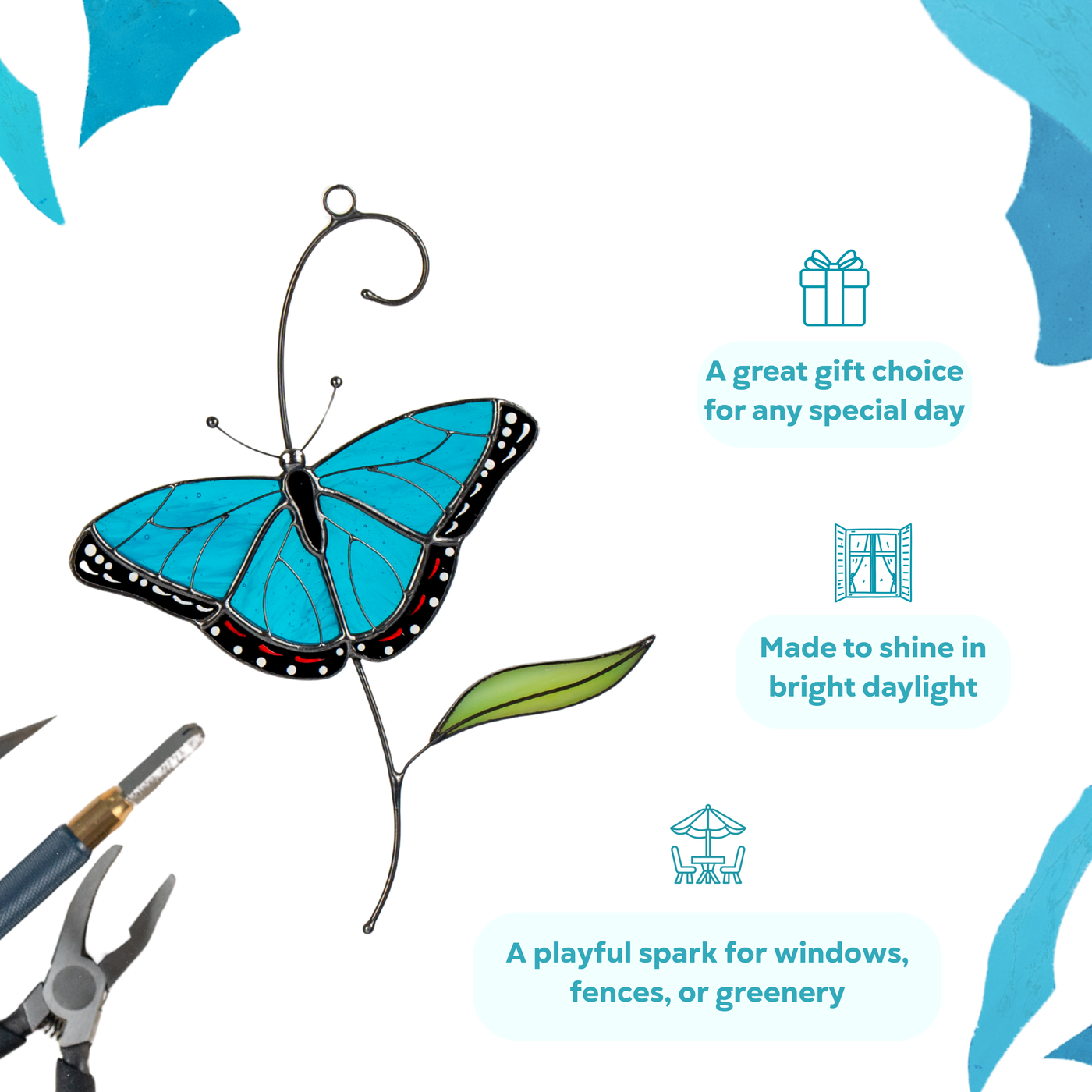  Infographic featuring blue stained glass morpho butterfly with gift and decor suggestions.