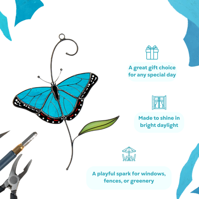  Infographic featuring blue stained glass morpho butterfly with gift and decor suggestions.