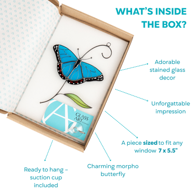 Blue morpho butterfly stained glass decor in a branded box with suction cup.