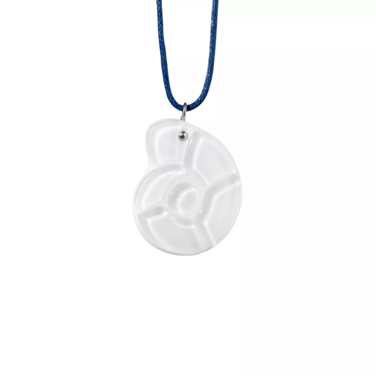 White Nautilus fused stained glass pendant on a blue cord against a white background