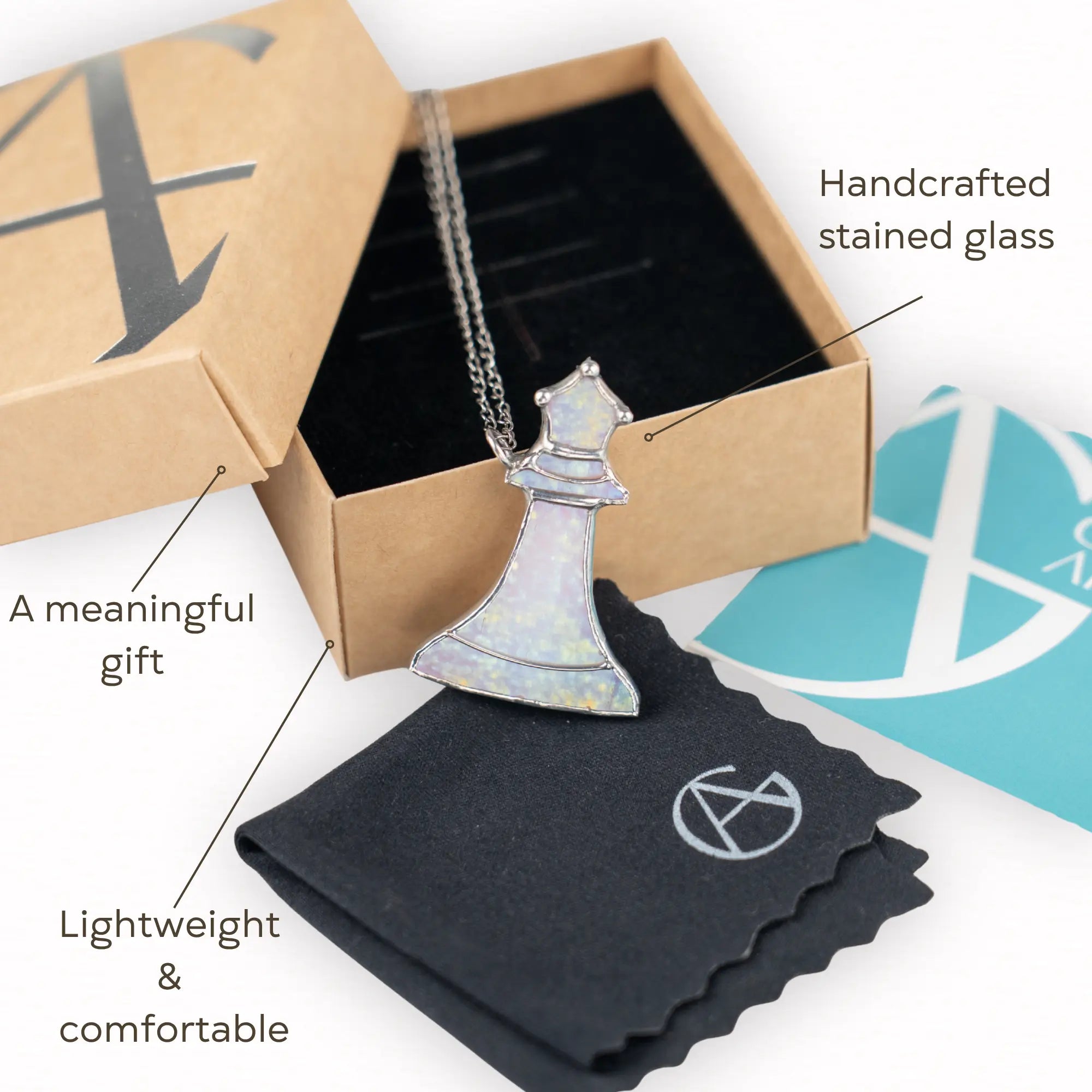 Chess queen stained glass pendant presented in gift box with cloth and branded card, thoughtful gift for her.