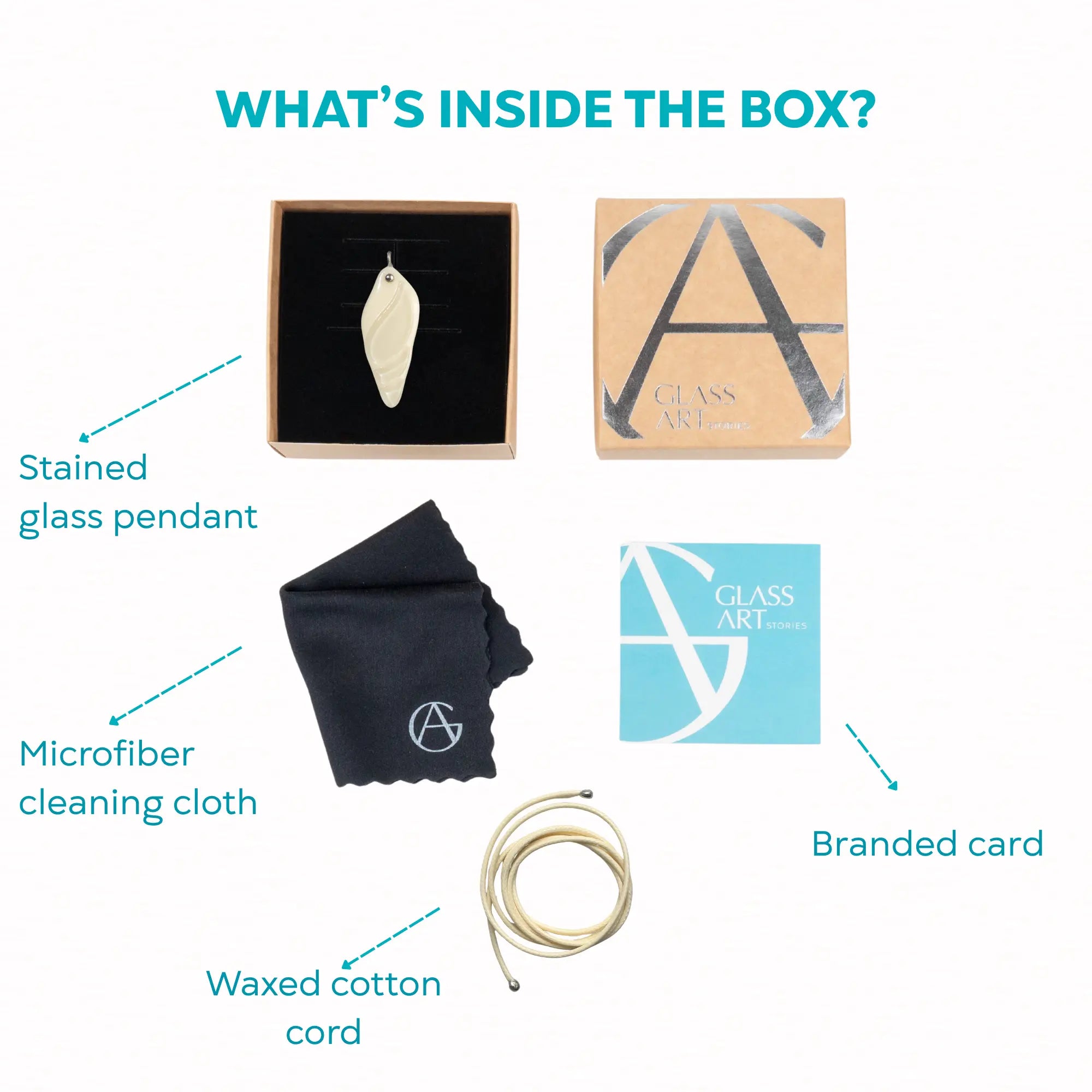 Product packaging with stained glass pendant, microfiber cleaning cloth, waxed cotton cord, and branded card on a white background.