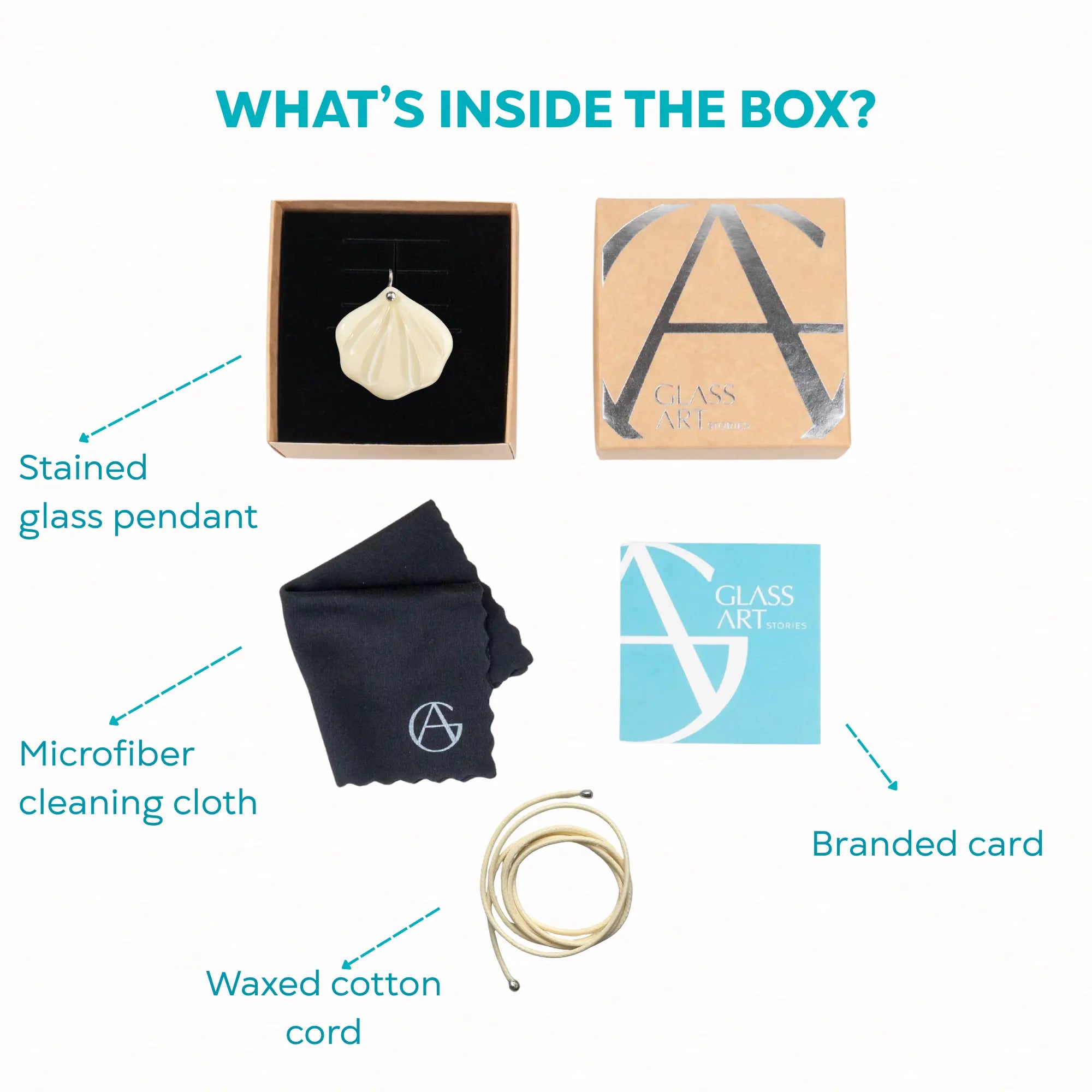 Product packaging with stained glass pendant, microfiber cleaning cloth, waxed cotton cord, and branded card on a white background.
