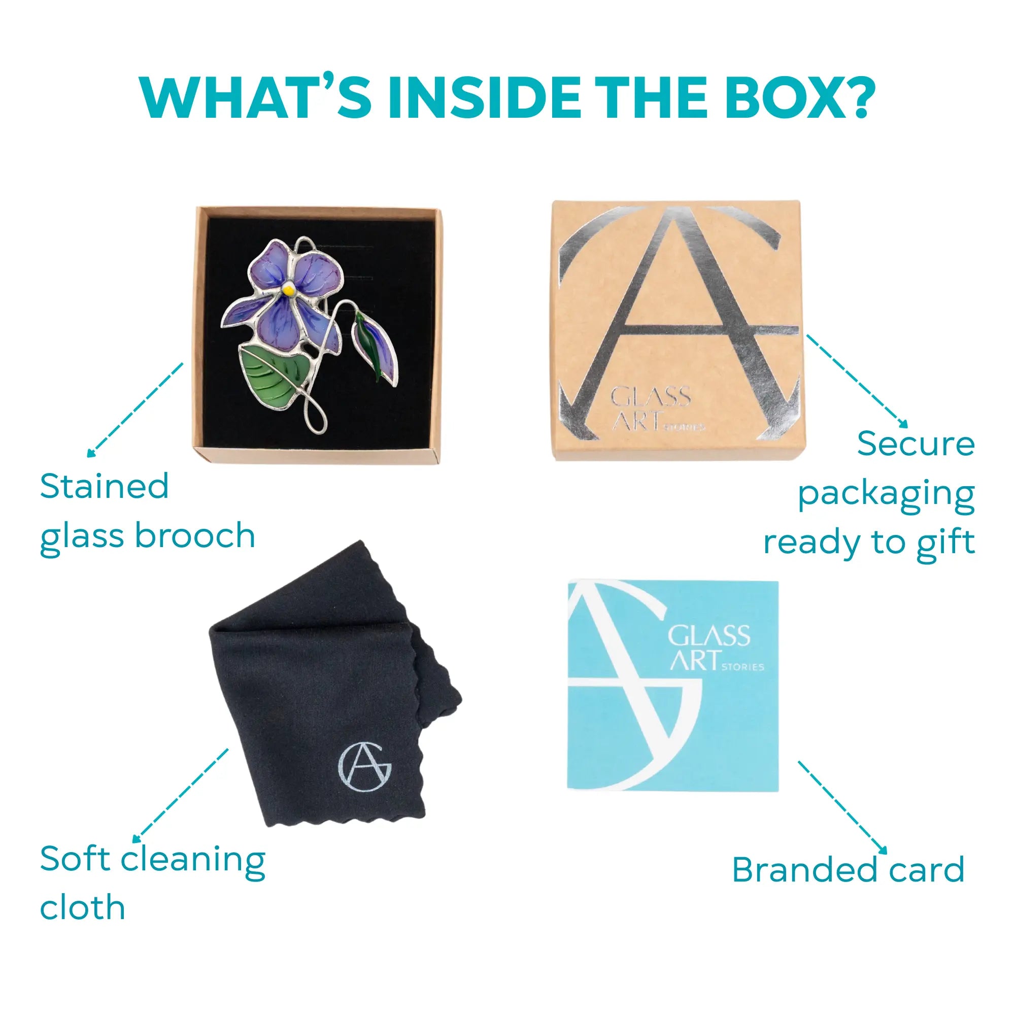 Product packaging with stained glass violet brooch, soft cleaning cloth, branded card, and secure packaging.