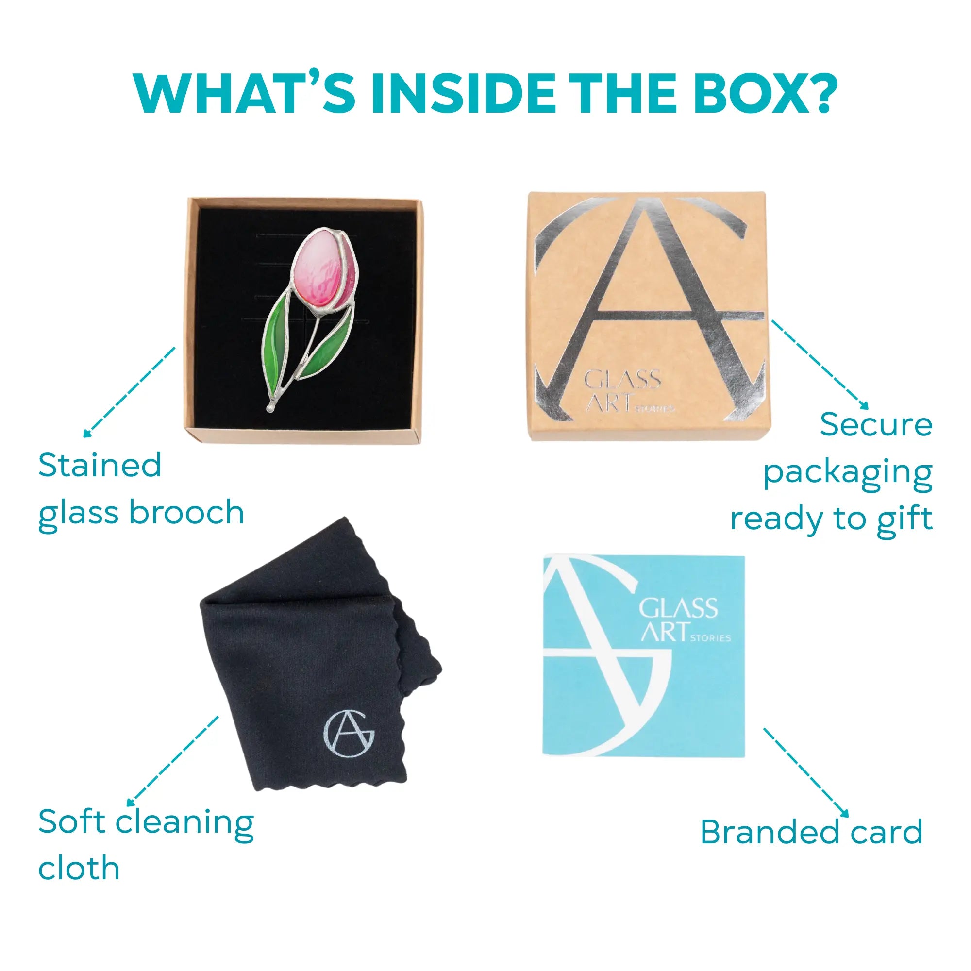 Product packaging with stained glass pink tulip brooch, soft cleaning cloth, branded card, and secure packaging.