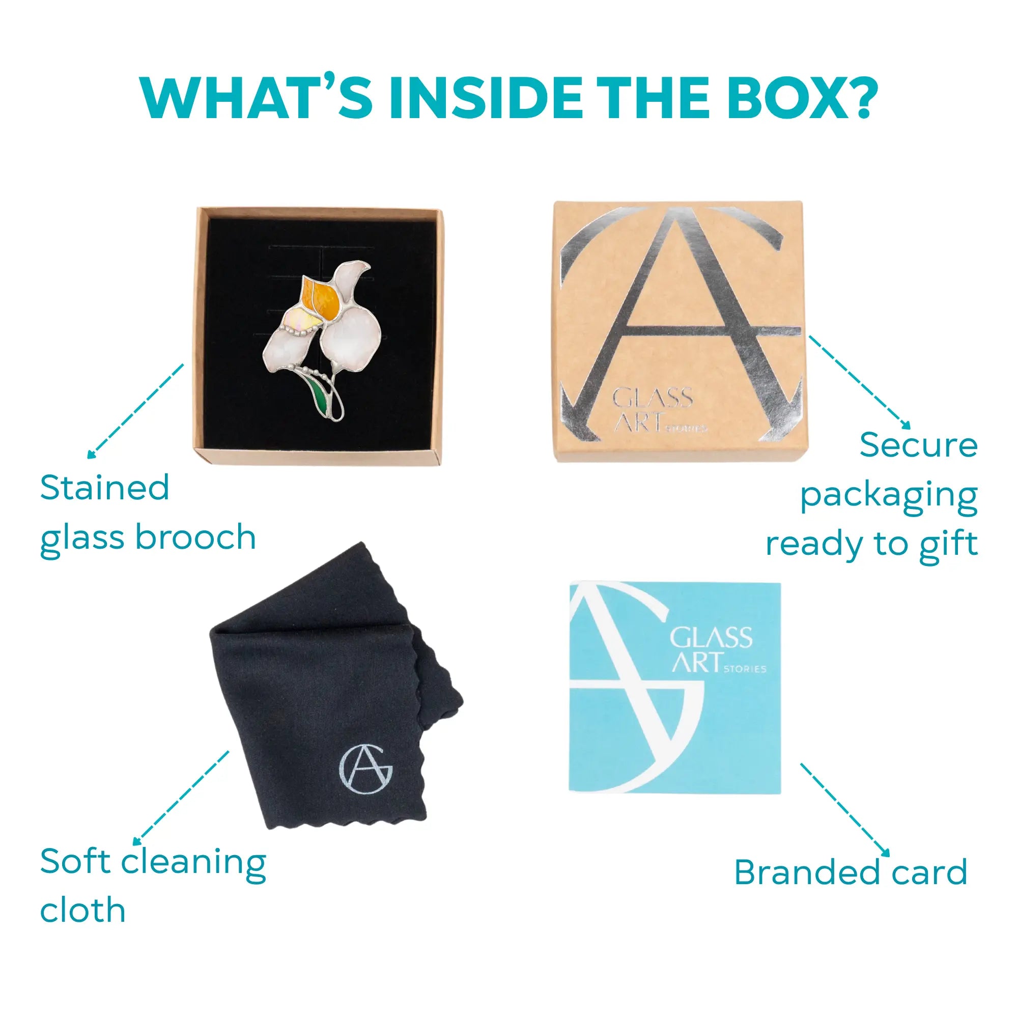 Product packaging with stained glass white iris brooch, soft cleaning cloth, and branded card on a white background.