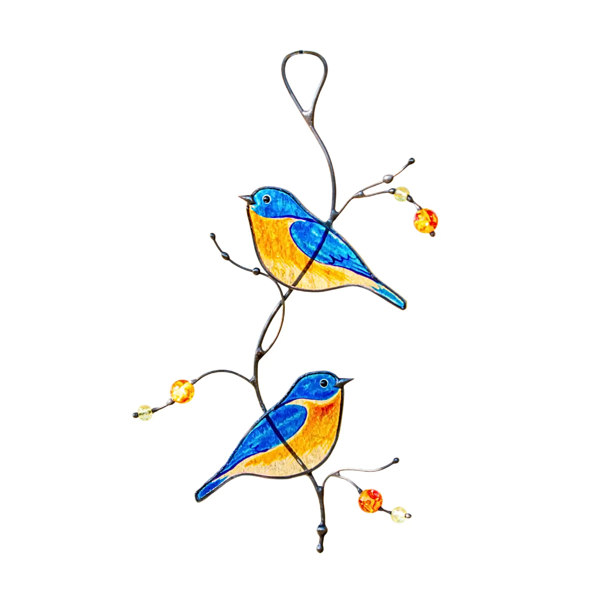 Suncatcher with pair of stained glass bluebirds sitting on a branch