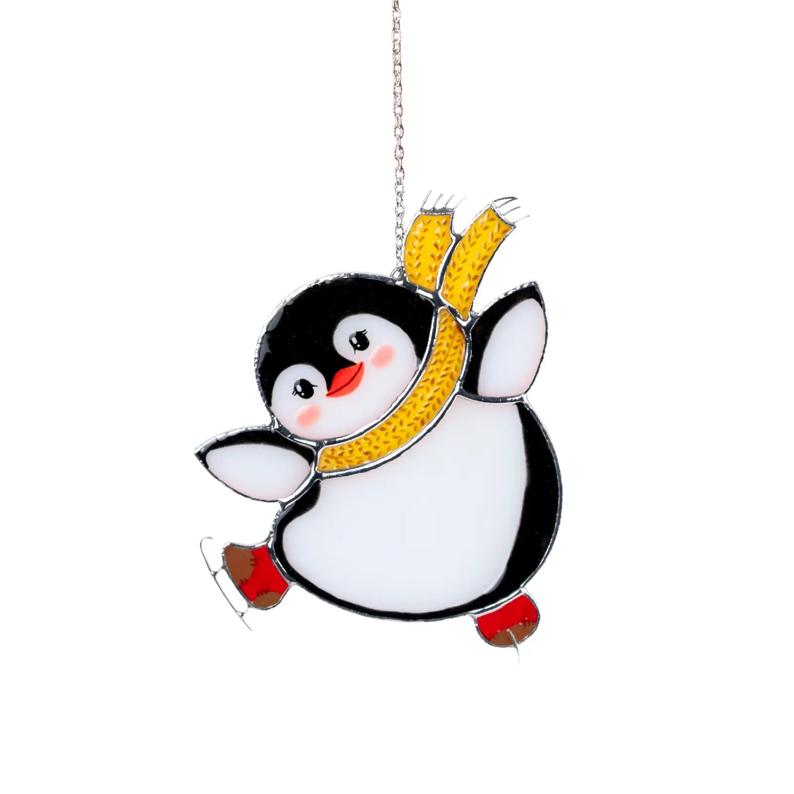 Penguin stained glass ornament with a yellow bow tie on a white background