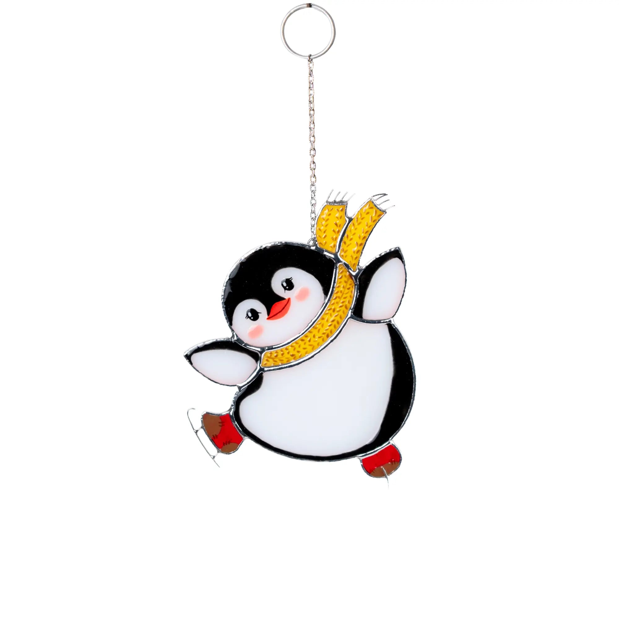 Penguin stained glass ornament with a yellow bow tie on a white background