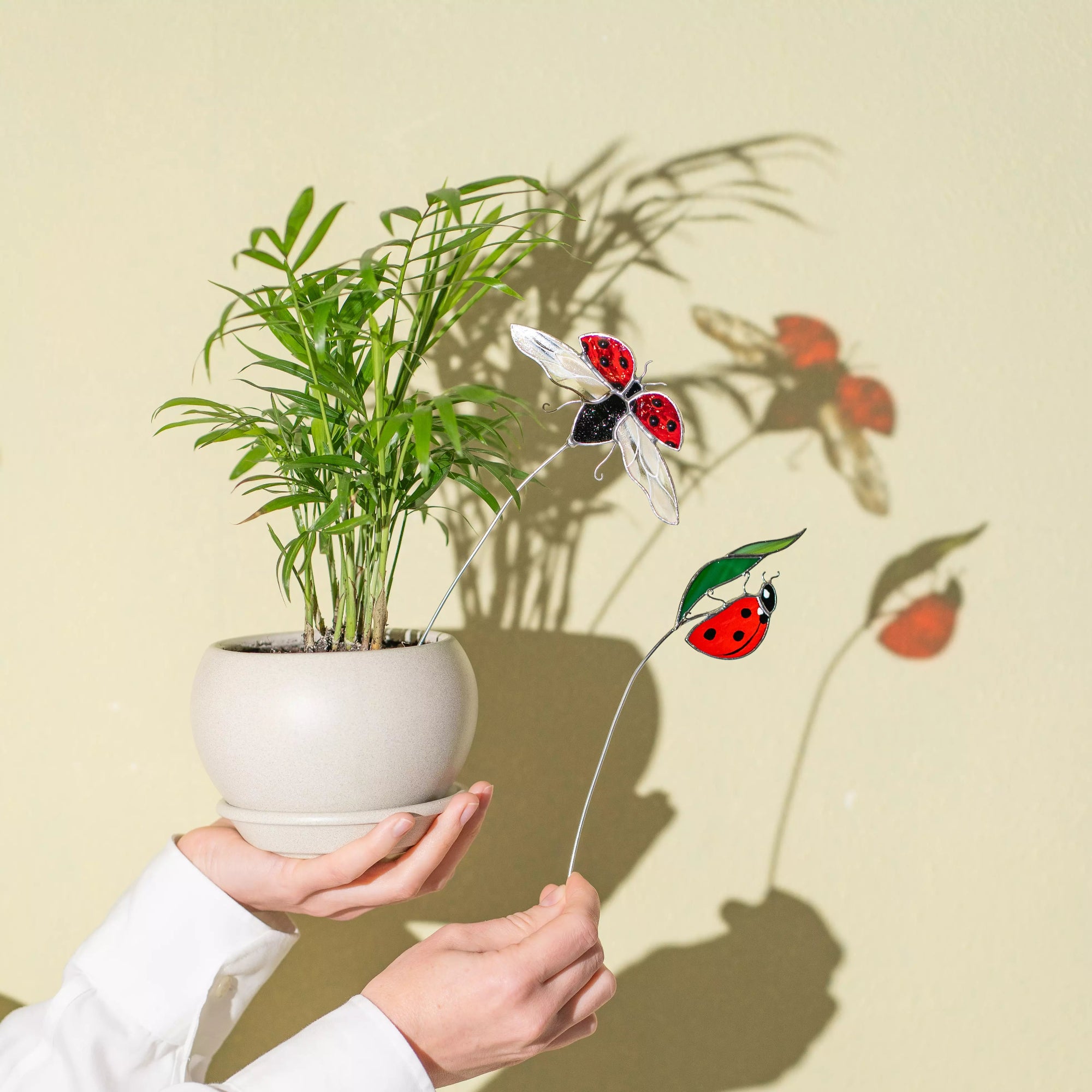 Hands holding a potted plant with stained glass plant stakes featuring ladybugs and flowers against a beige wall.